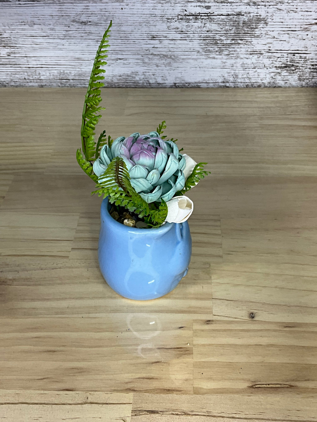 Teal & Lavender Sola Wood Succulent Arrangement in Blue Owl Ceramic Planter