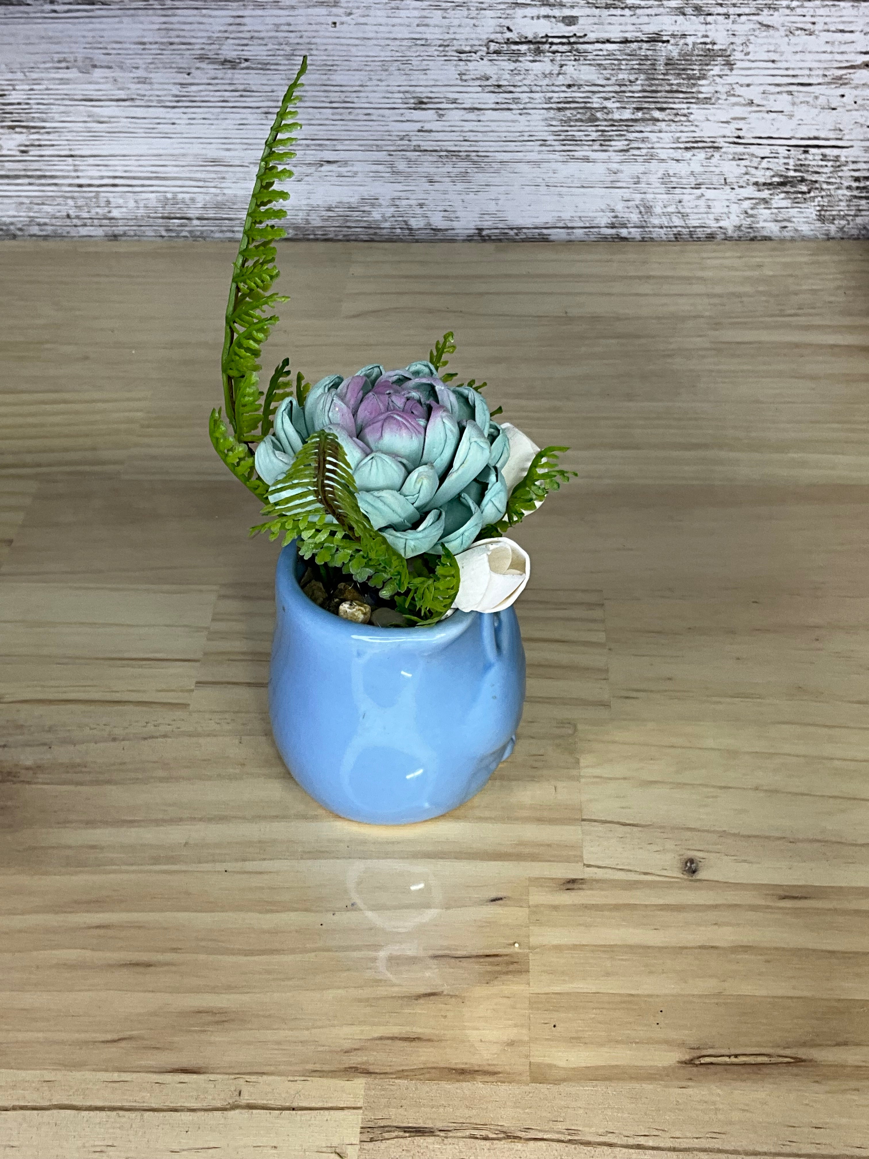 Teal & Lavender Sola Wood Succulent Arrangement in Blue Owl Ceramic Planter