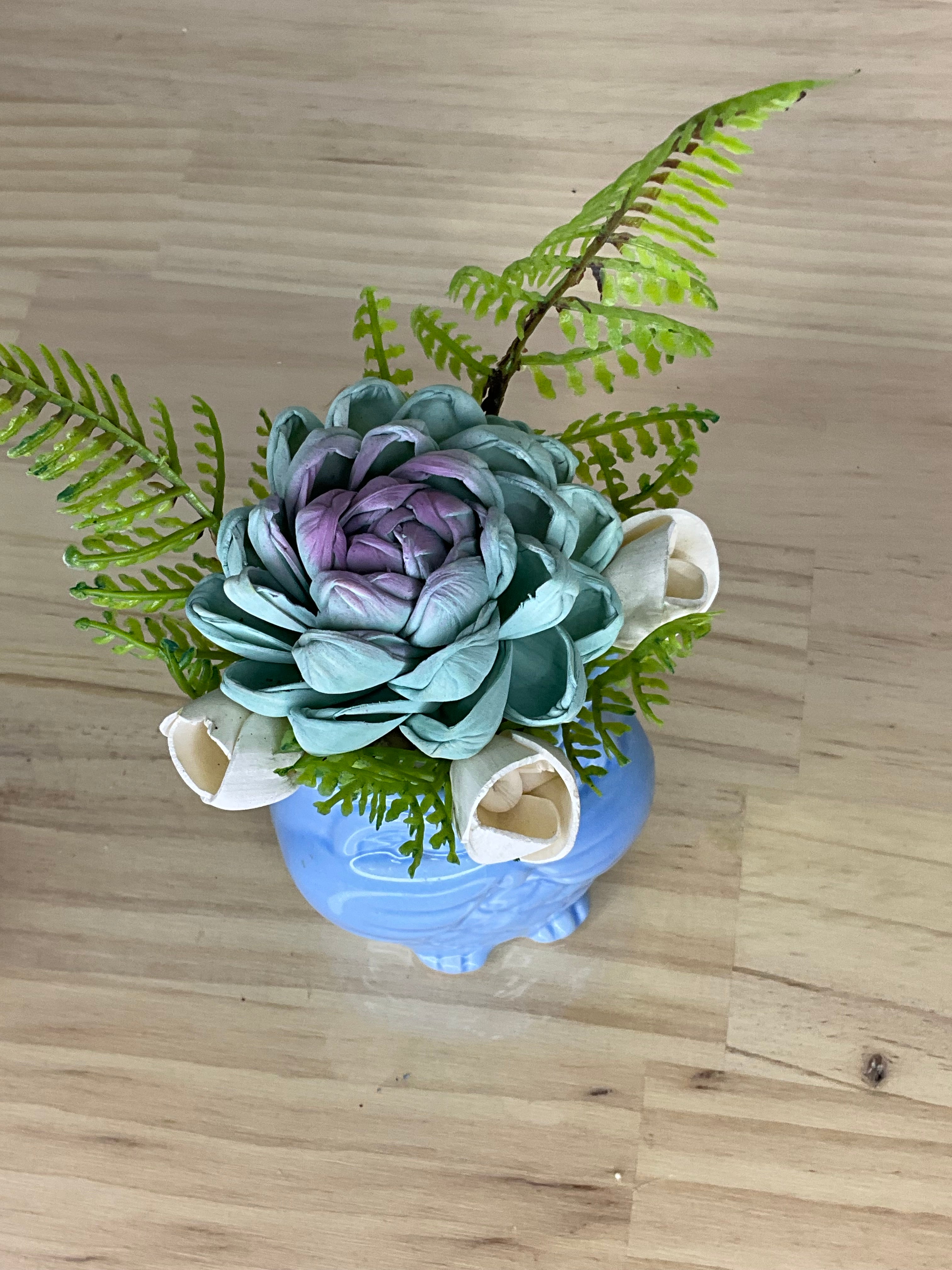 Teal & Lavender Sola Wood Succulent Arrangement in Blue Owl Ceramic Planter