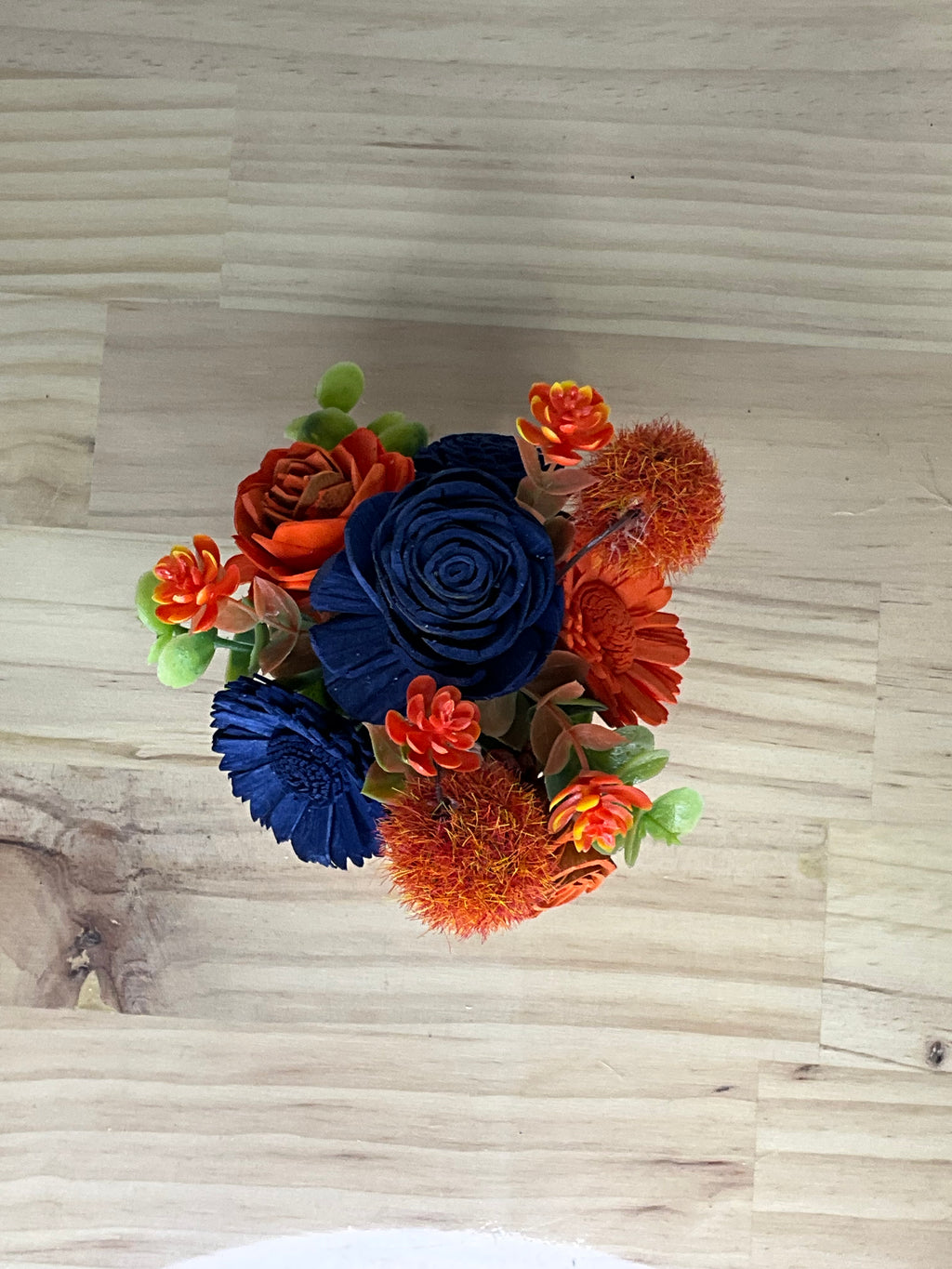 Navy & Orange Sola Wood Flower Arrangement in Glossy Orange Ceramic Mug