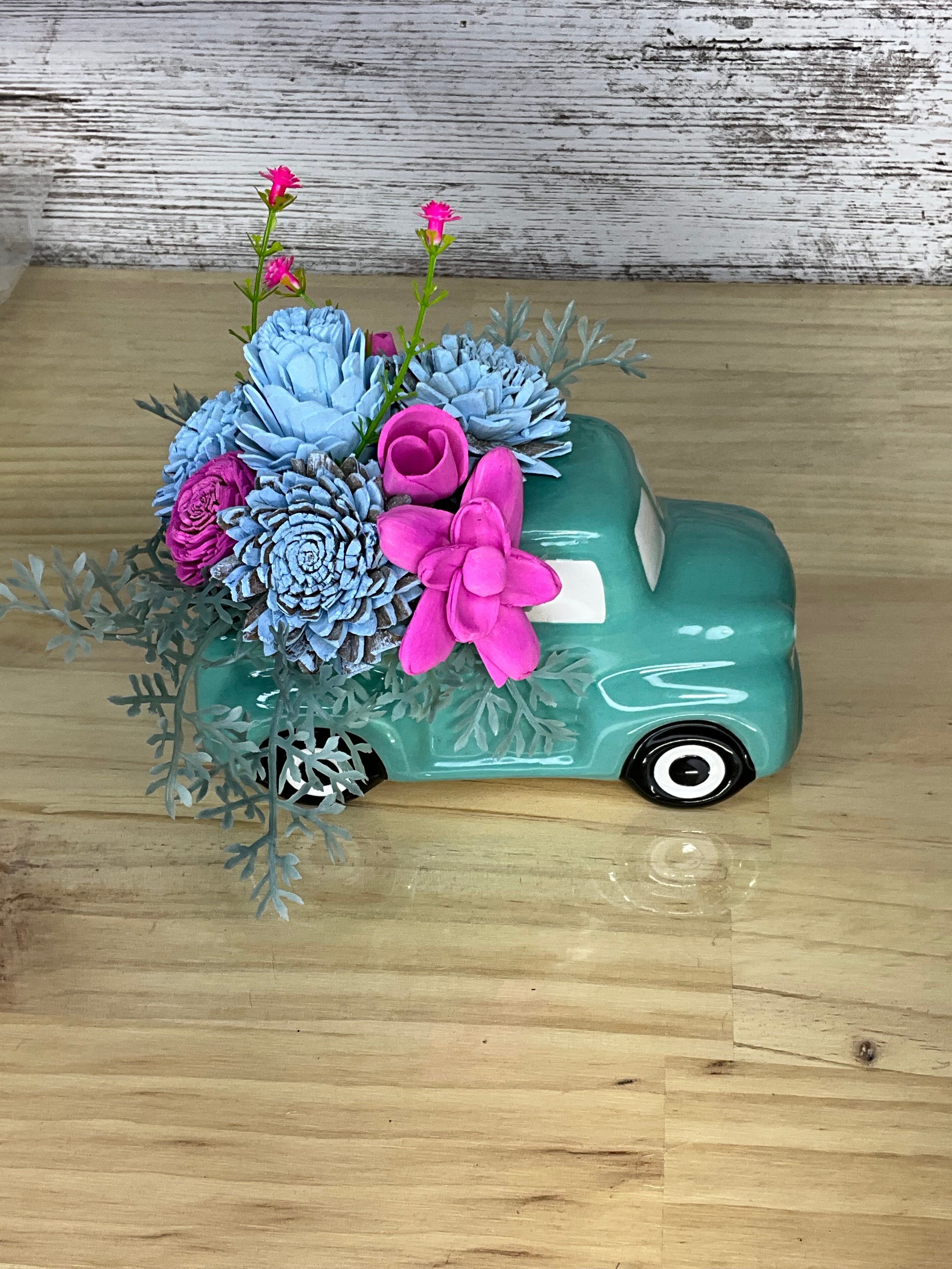 Blue & Magenta Sola Wood Flower Arrangement in Vintage Teal Ceramic Truck
