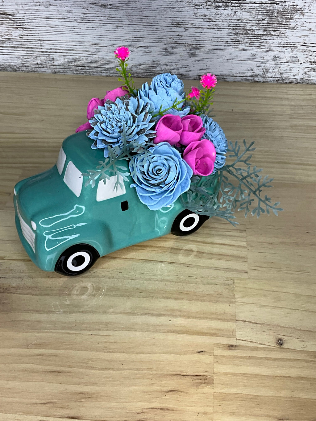 Blue & Magenta Sola Wood Flower Arrangement in Vintage Teal Ceramic Truck