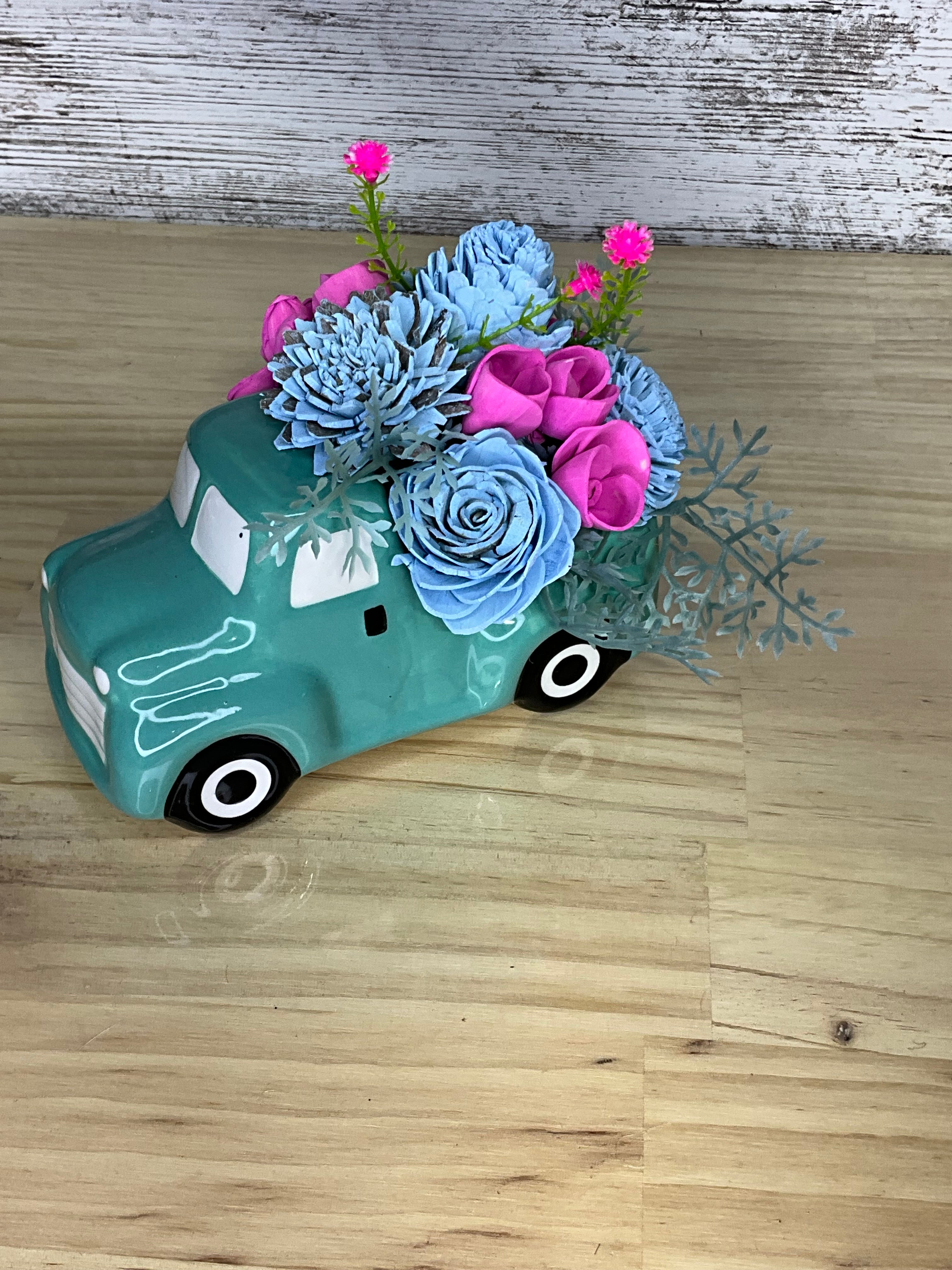Blue & Magenta Sola Wood Flower Arrangement in Vintage Teal Ceramic Truck