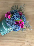 Blue & Magenta Sola Wood Flower Arrangement in Vintage Teal Ceramic Truck