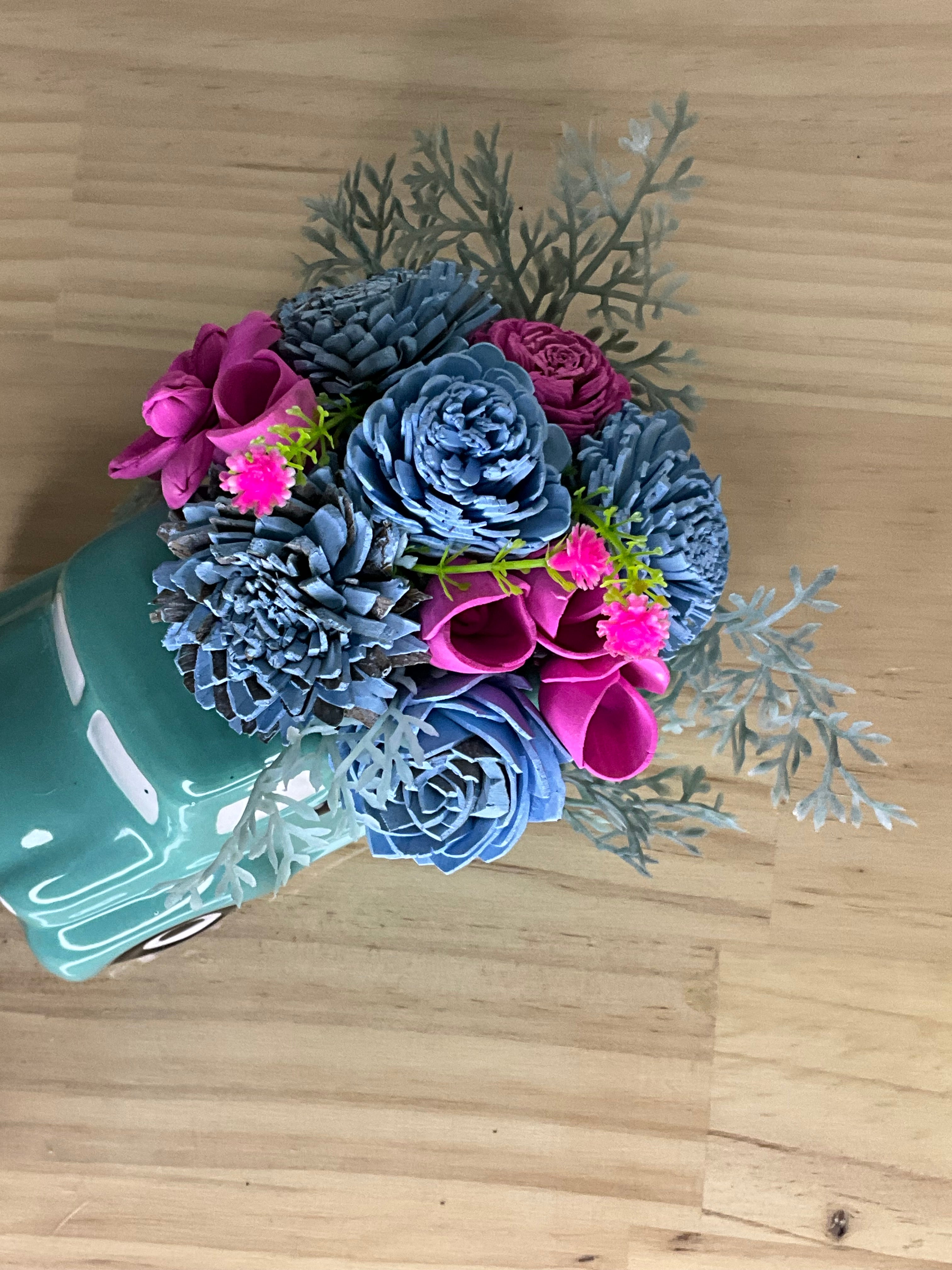 Blue & Magenta Sola Wood Flower Arrangement in Vintage Teal Ceramic Truck