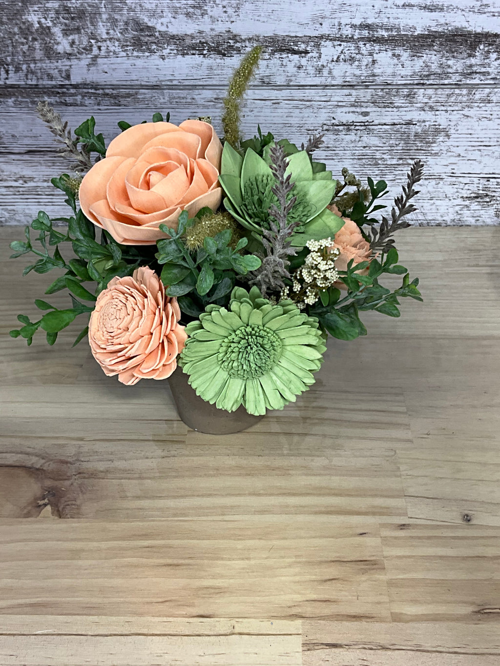 Peach & Green Sola Wood Flower Arrangement in Rustic Terracotta Pot