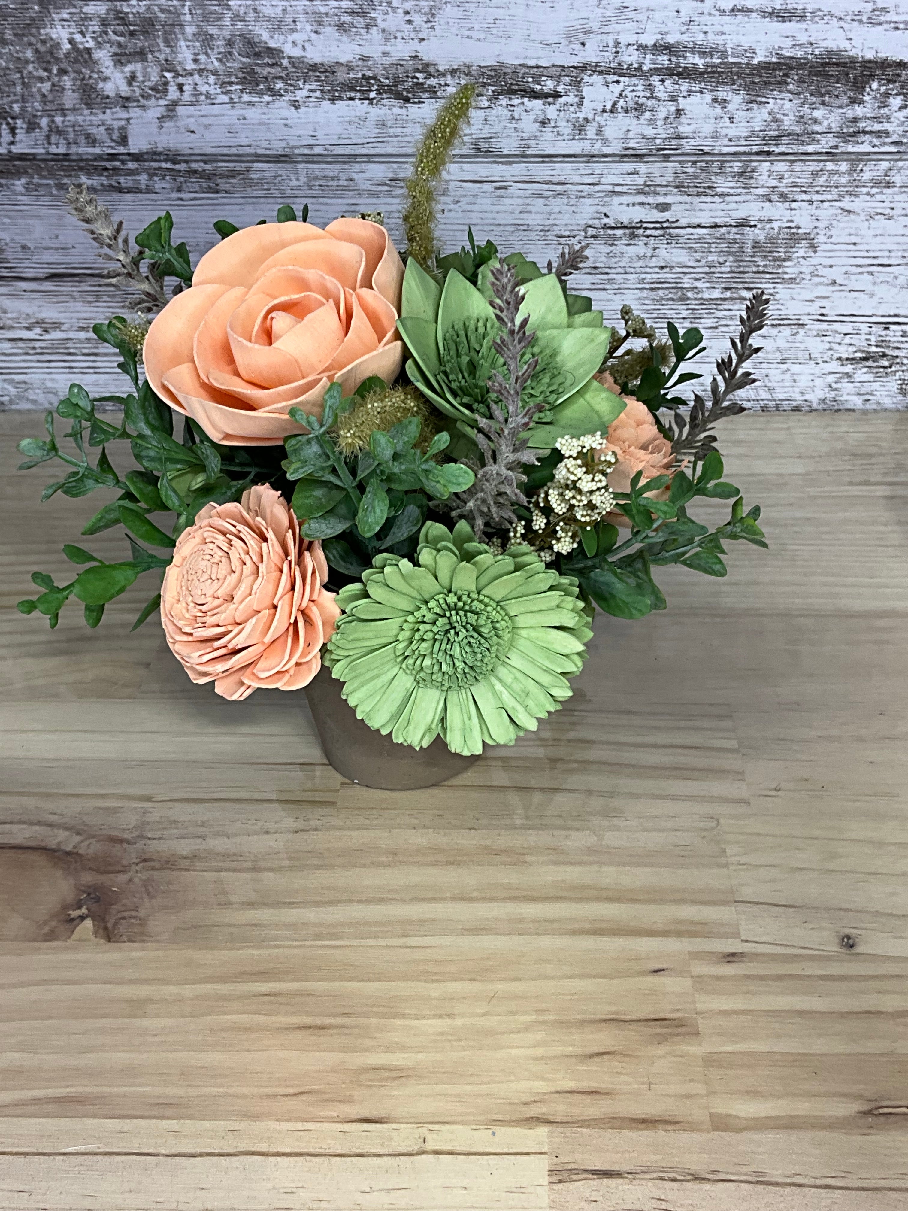 Peach & Green Sola Wood Flower Arrangement in Rustic Terracotta Pot