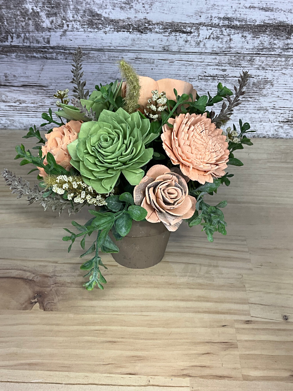 Peach & Green Sola Wood Flower Arrangement in Rustic Terracotta Pot