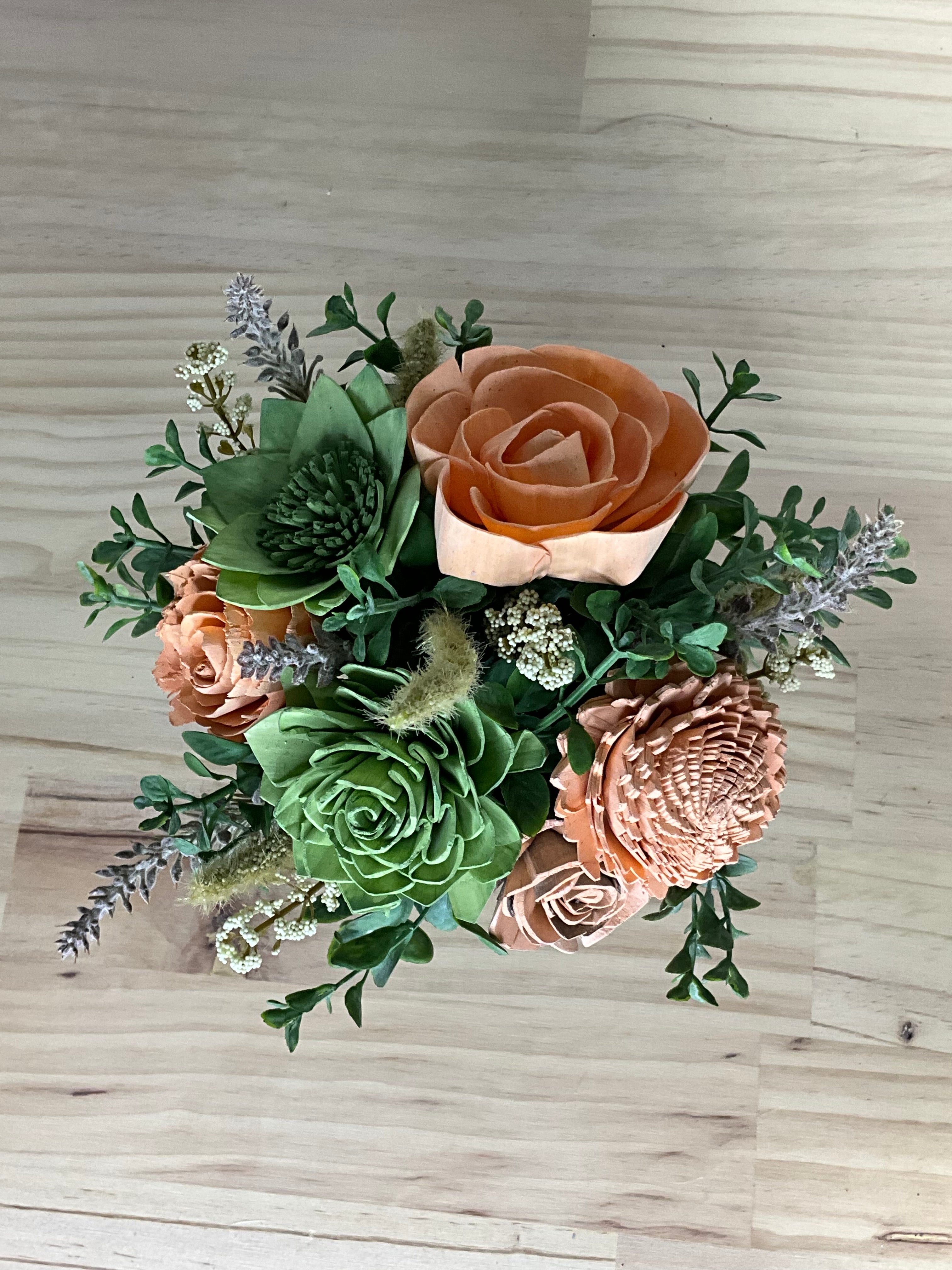 Peach & Green Sola Wood Flower Arrangement in Rustic Terracotta Pot