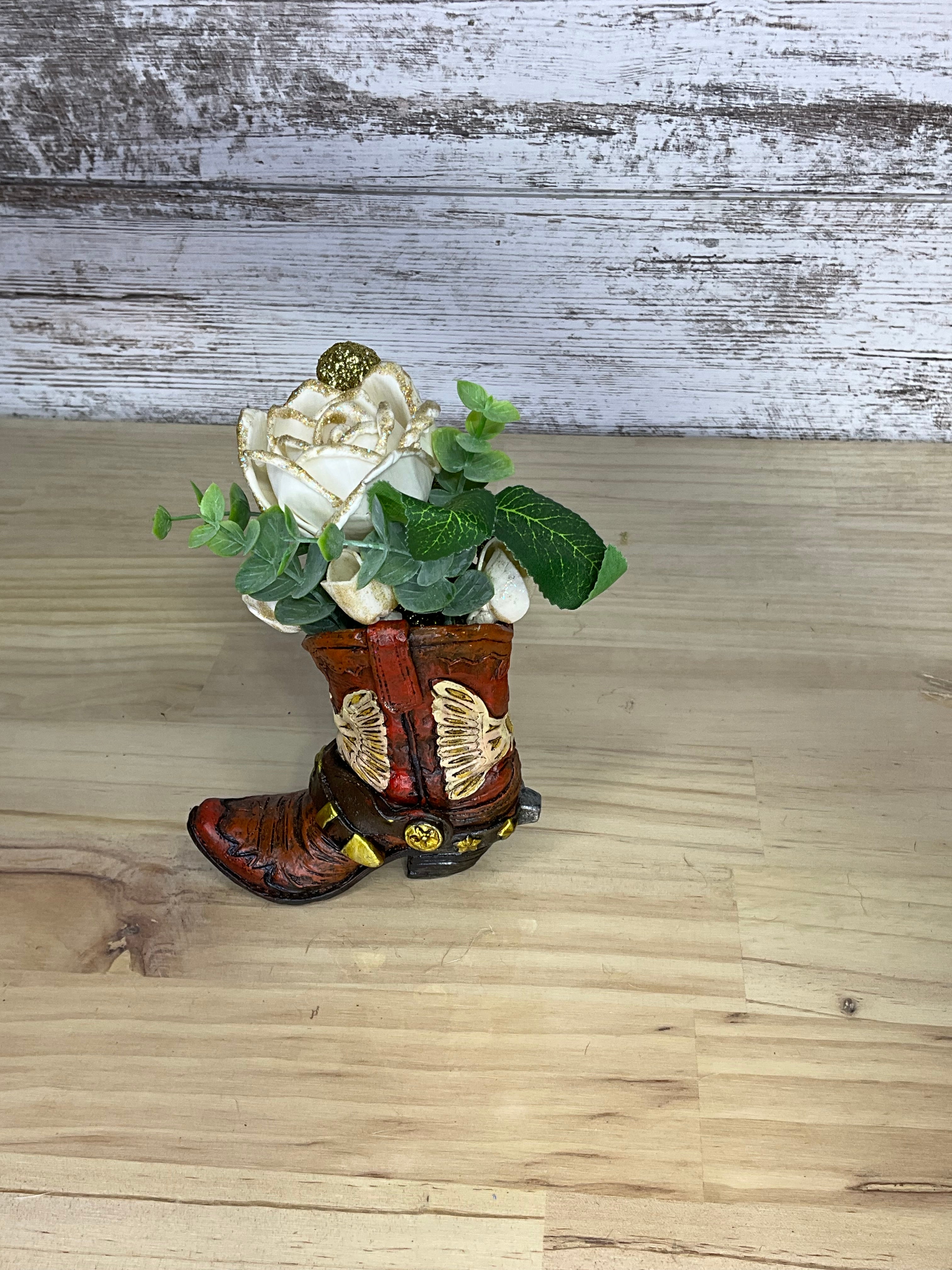 White Gold-Tipped Sola Wood Rose Arrangement in Decorative Cowboy Boot