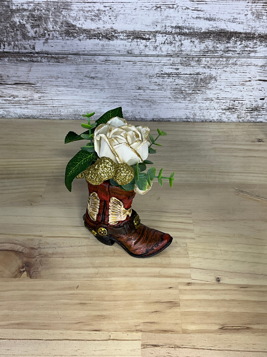 White Gold-Tipped Sola Wood Rose Arrangement in Decorative Cowboy Boot