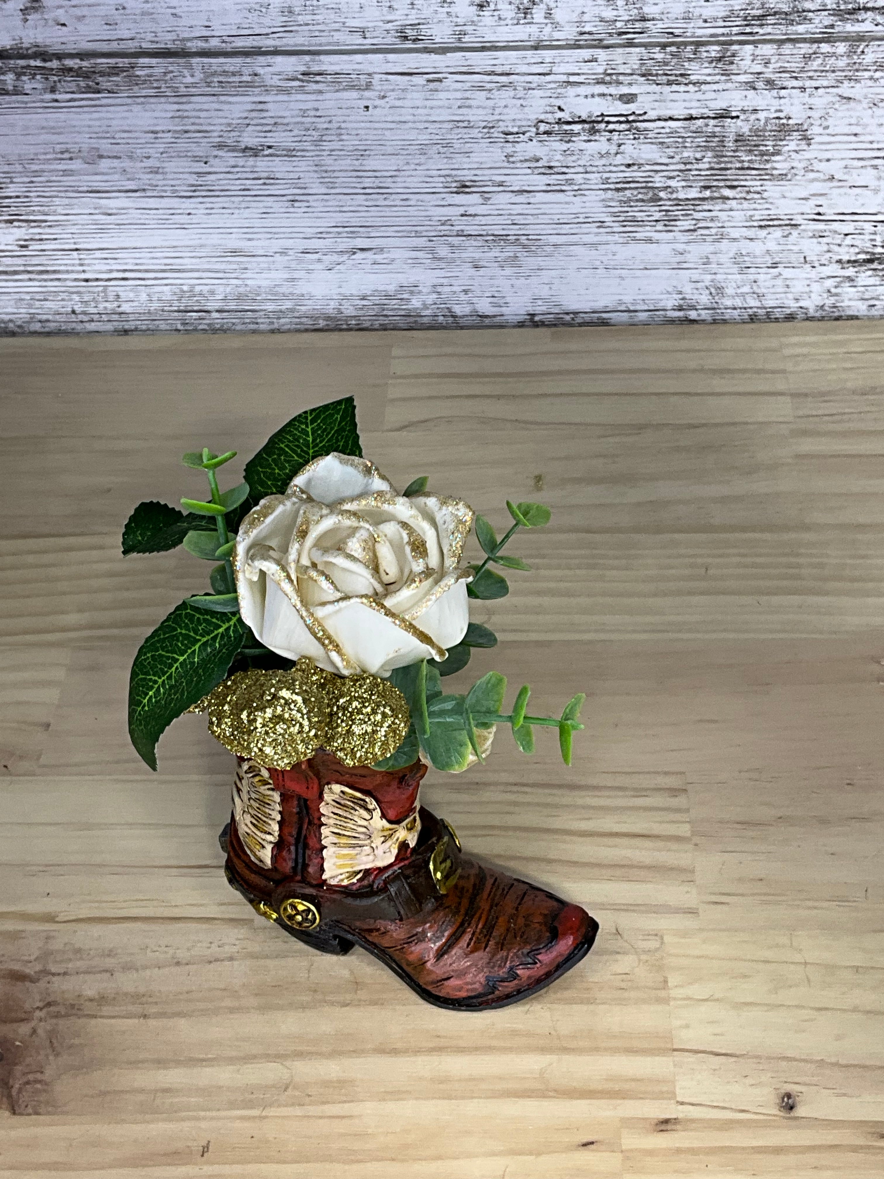 White Gold-Tipped Sola Wood Rose Arrangement in Decorative Cowboy Boot