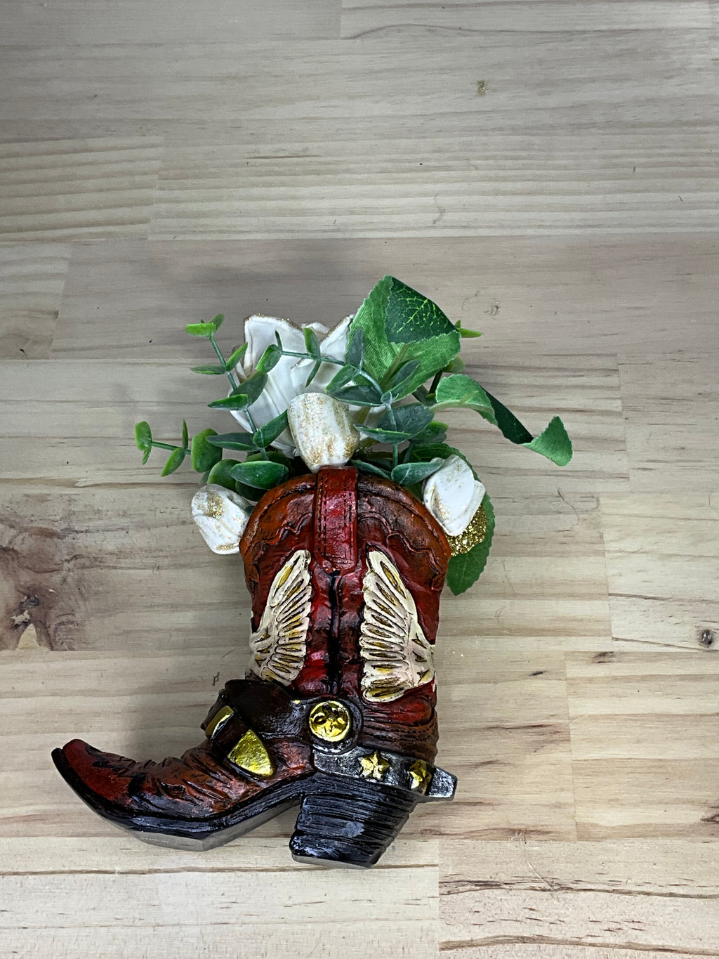 White Gold-Tipped Sola Wood Rose Arrangement in Decorative Cowboy Boot