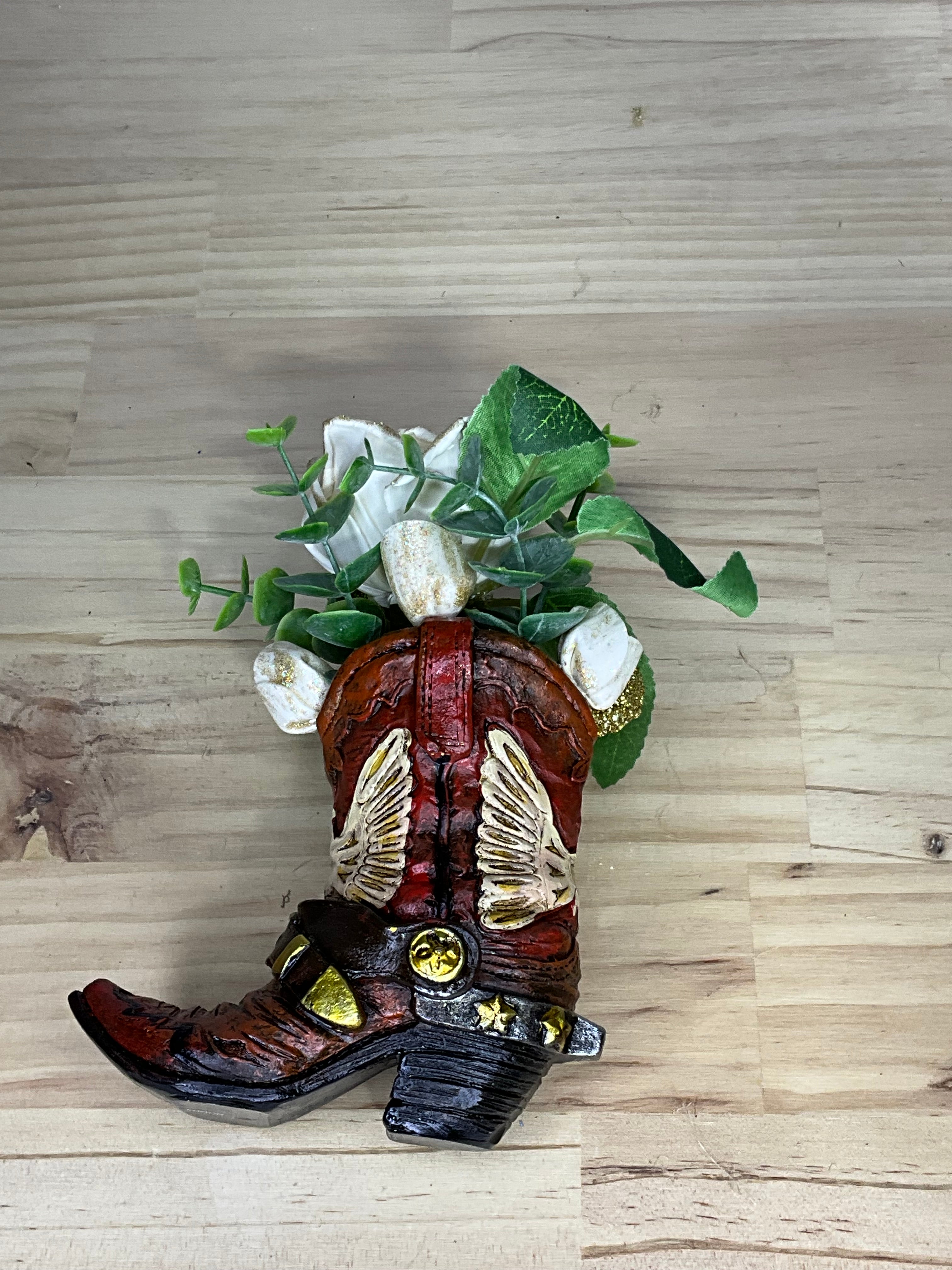 White Gold-Tipped Sola Wood Rose Arrangement in Decorative Cowboy Boot