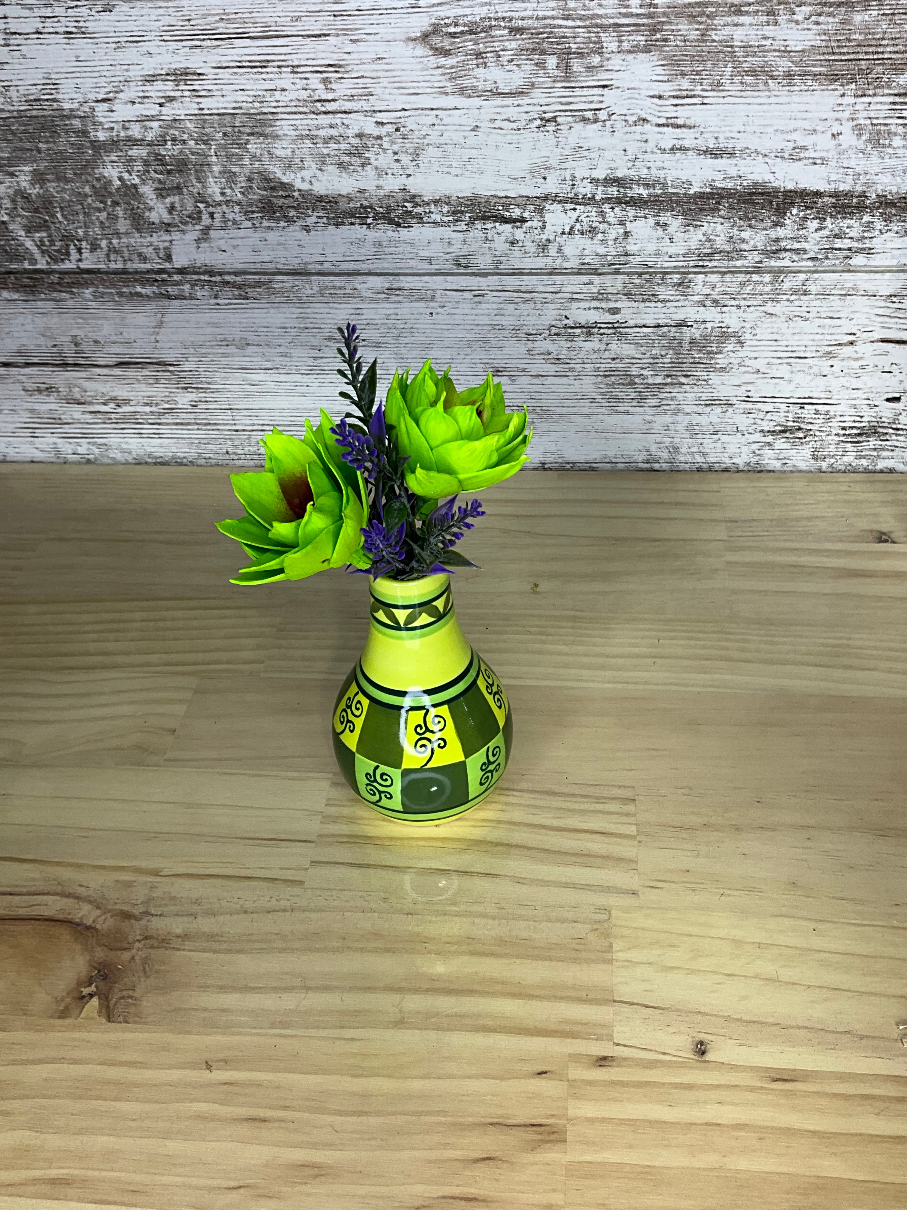 Lime Green Succulent & Lavender Sola Wood Arrangement in Hand-Painted Folk Art Vase
