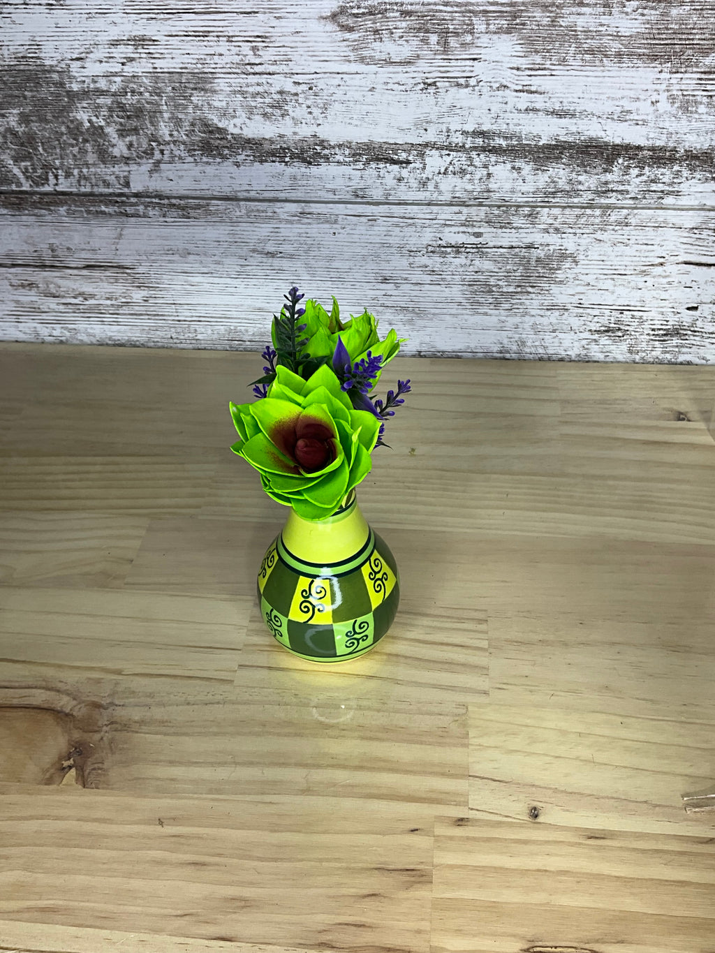 Lime Green Succulent & Lavender Sola Wood Arrangement in Hand-Painted Folk Art Vase