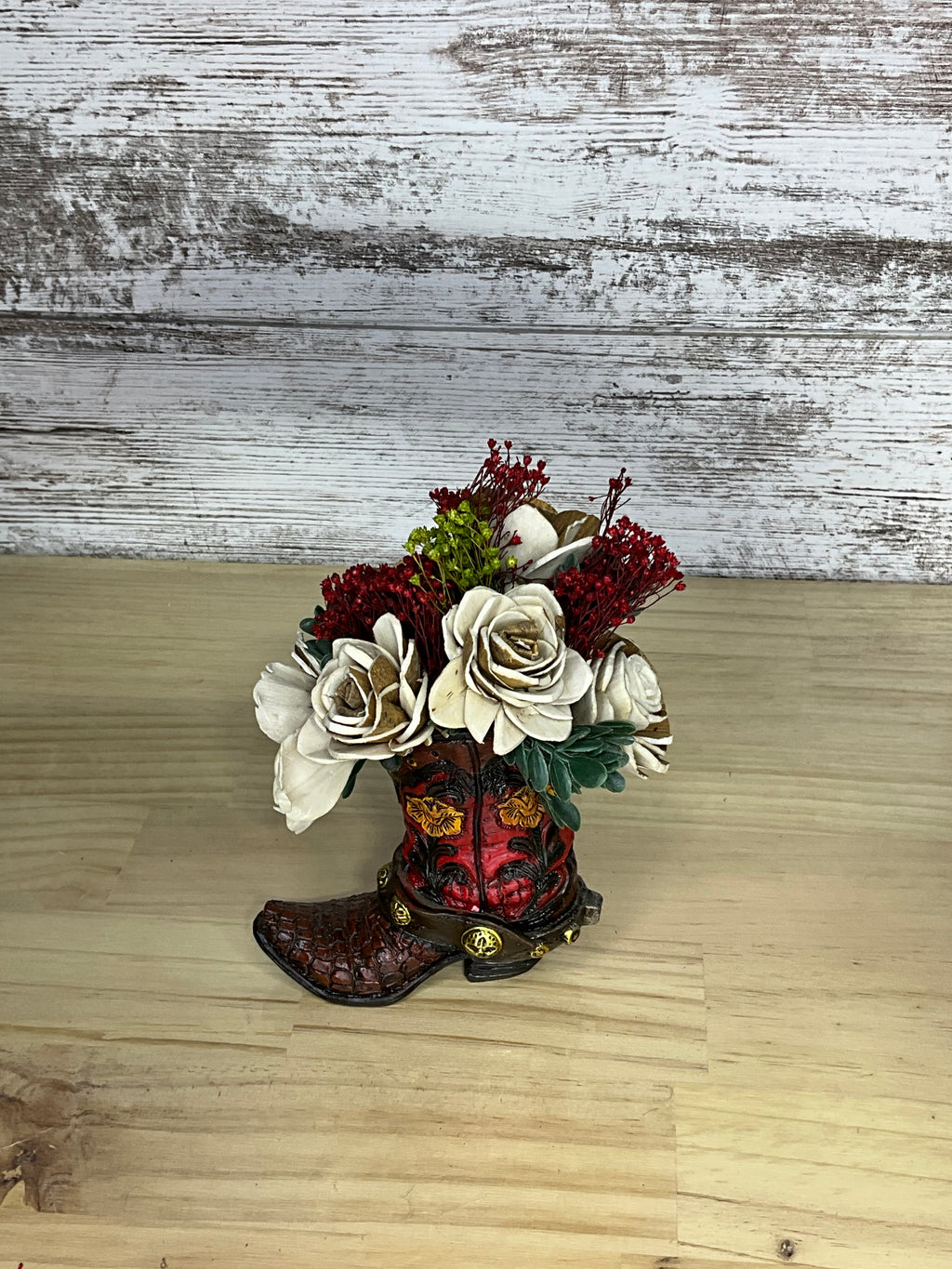Cowboy Boot Sola Wood Flower Arrangement – Rustic Red & Ivory