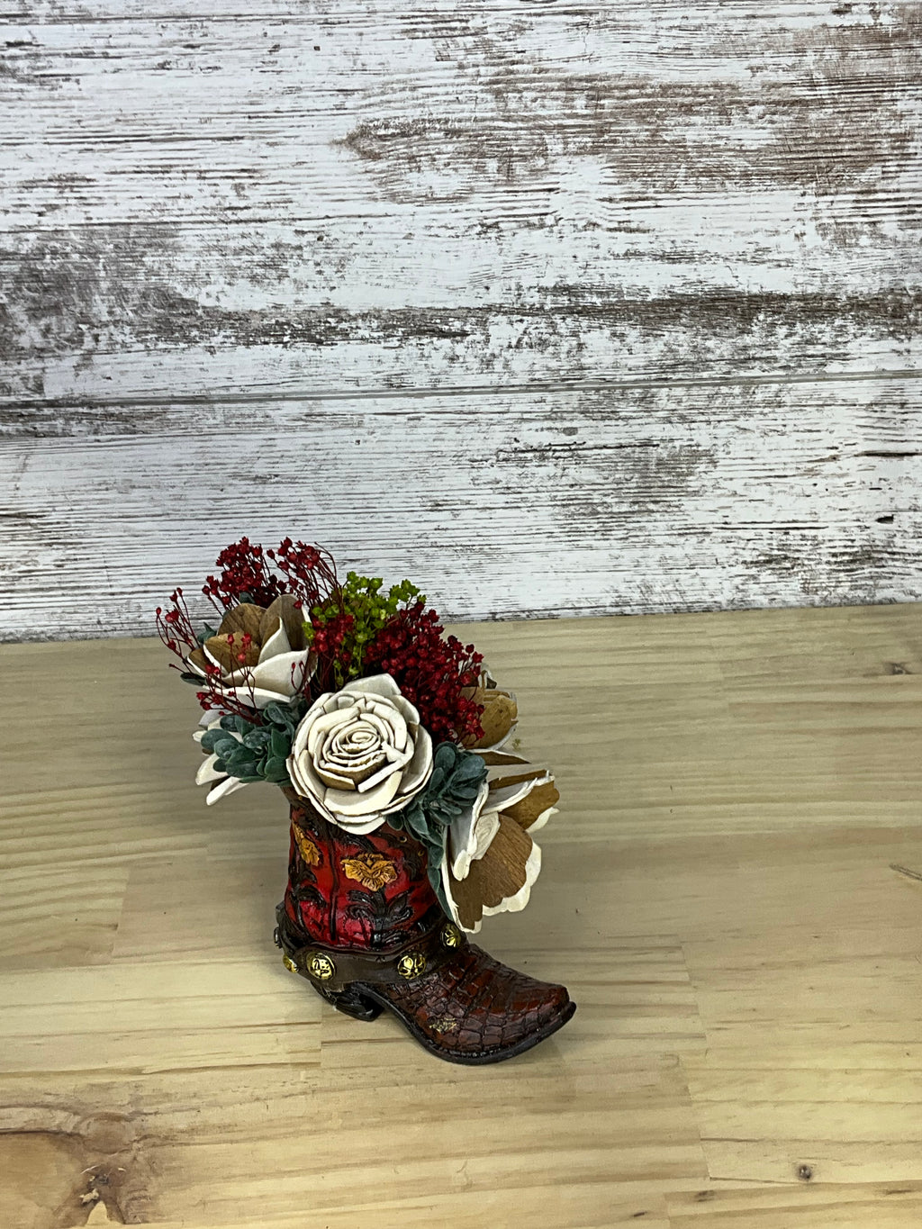 Cowboy Boot Sola Wood Flower Arrangement – Rustic Red & Ivory