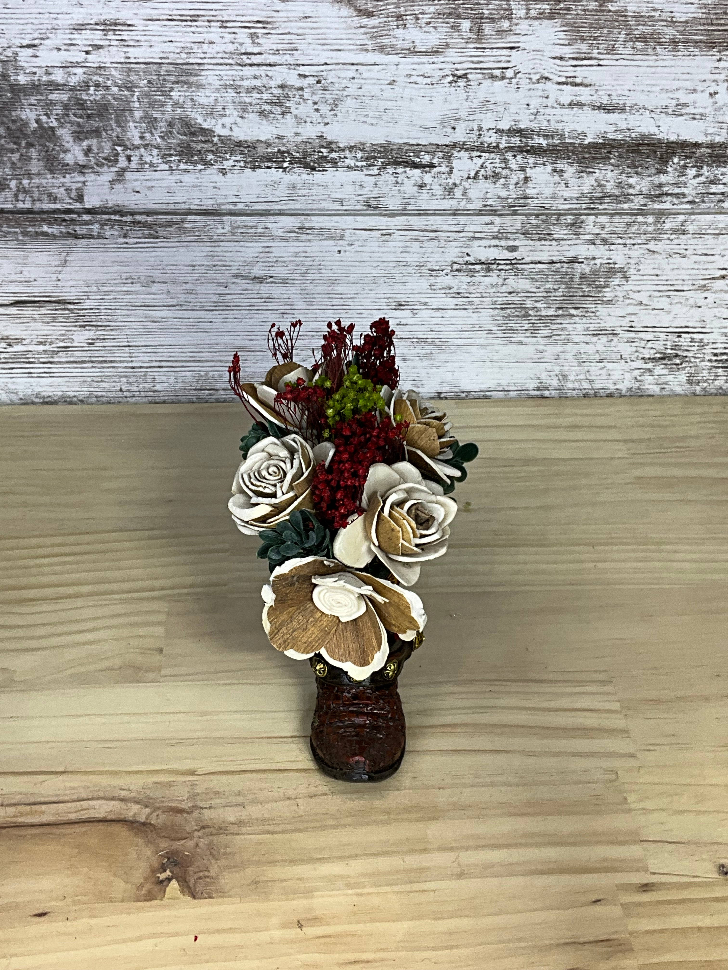 Cowboy Boot Sola Wood Flower Arrangement – Rustic Red & Ivory