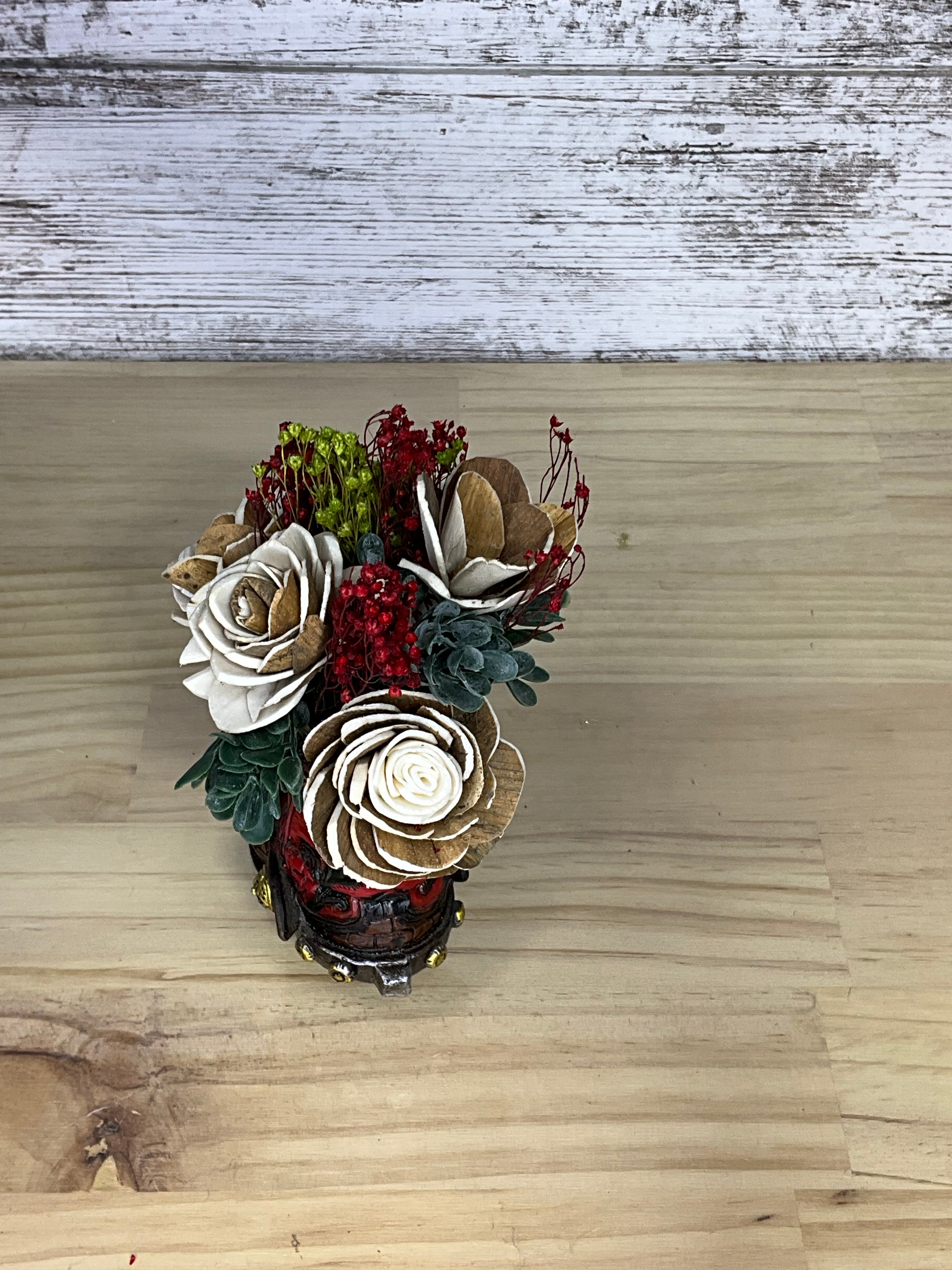 Cowboy Boot Sola Wood Flower Arrangement – Rustic Red & Ivory