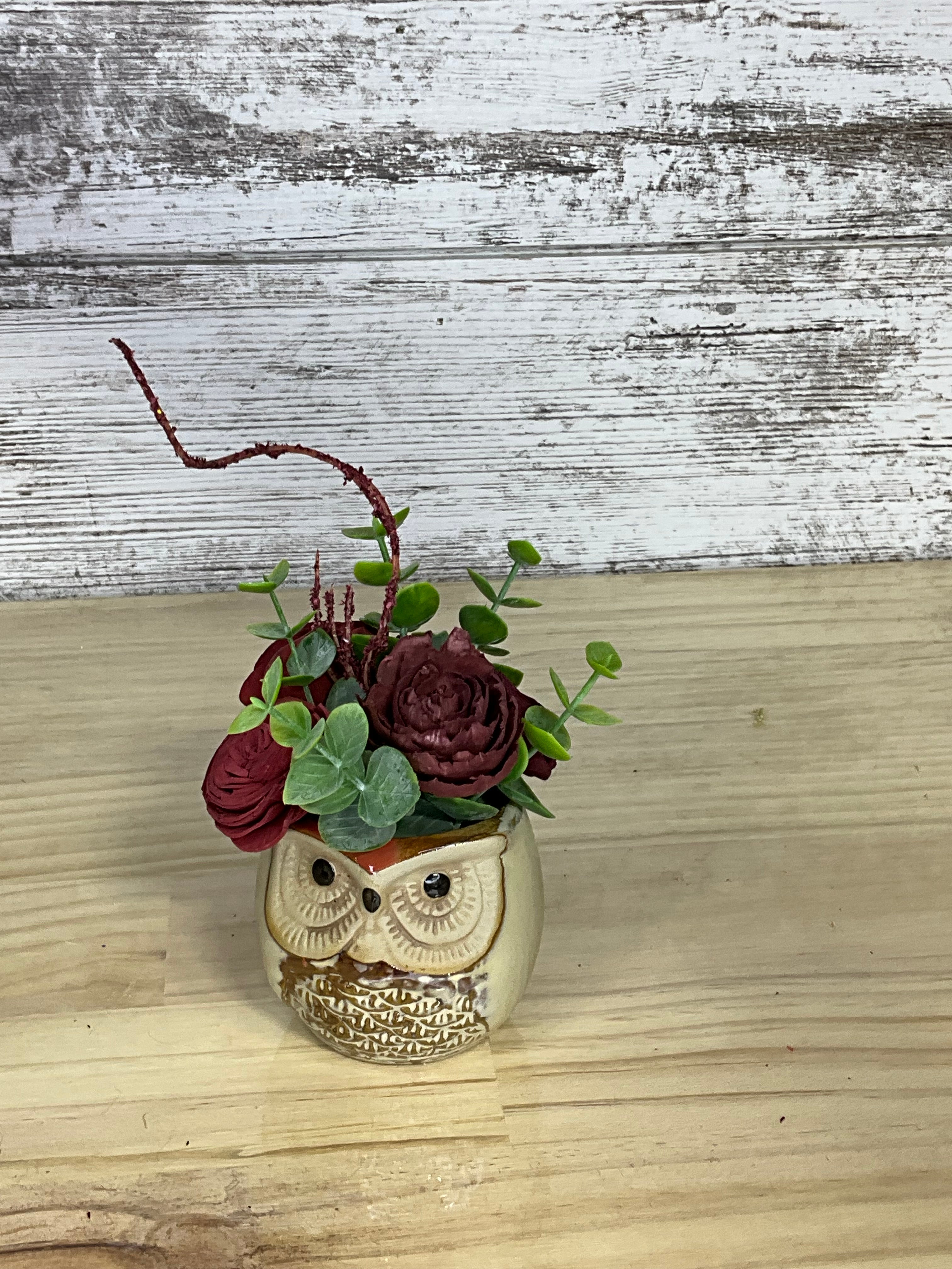 Burgundy Rose & Twisted Branch Sola Wood Arrangement in Gold Ceramic Owl Pot