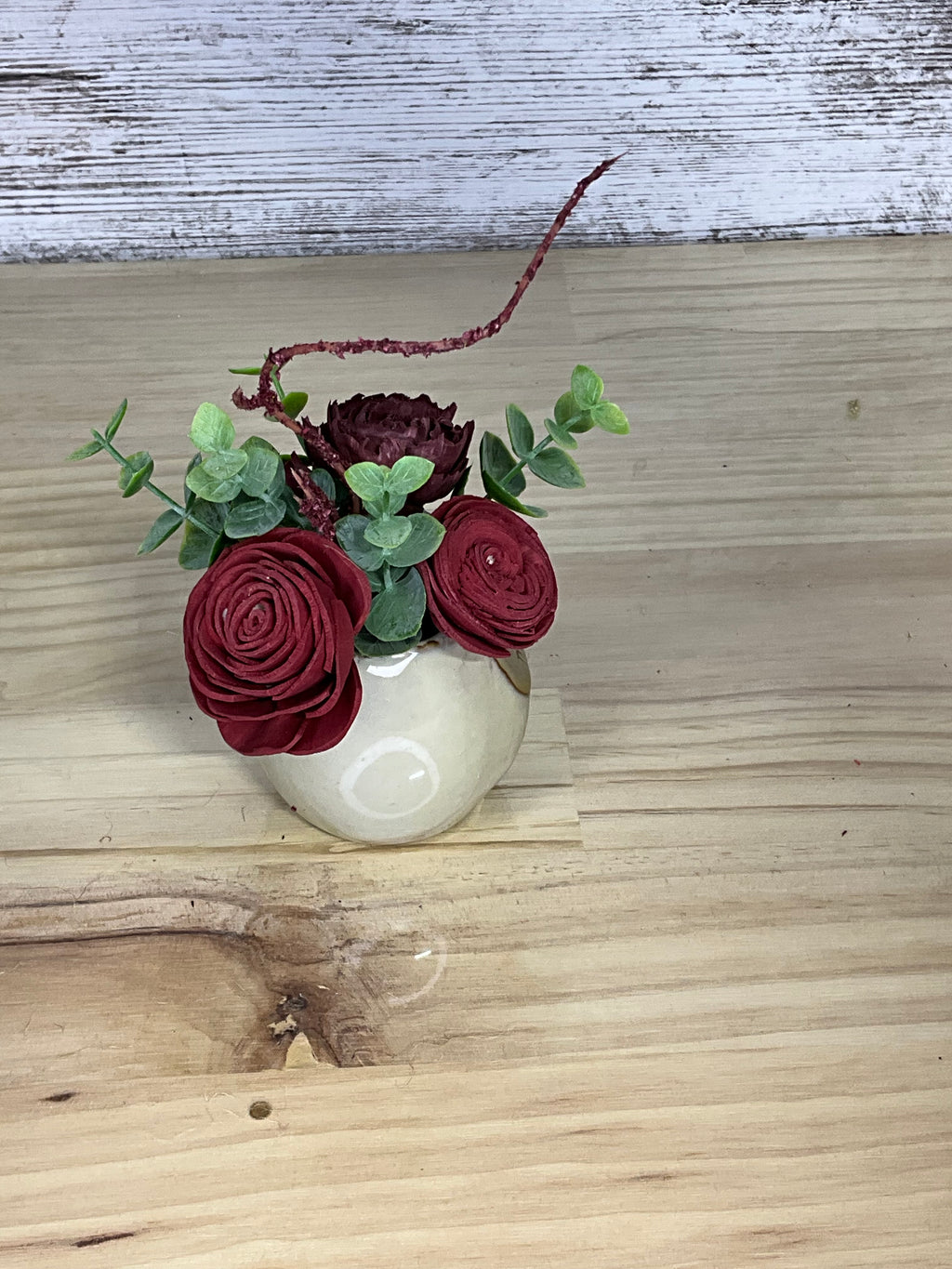 Burgundy Rose & Twisted Branch Sola Wood Arrangement in Gold Ceramic Owl Pot