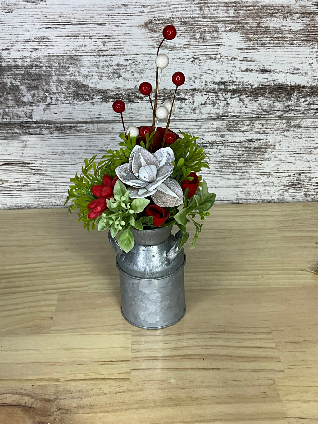 Christmas Red & Silver Sola Wood Flower Arrangement in Galvanized Milk Can