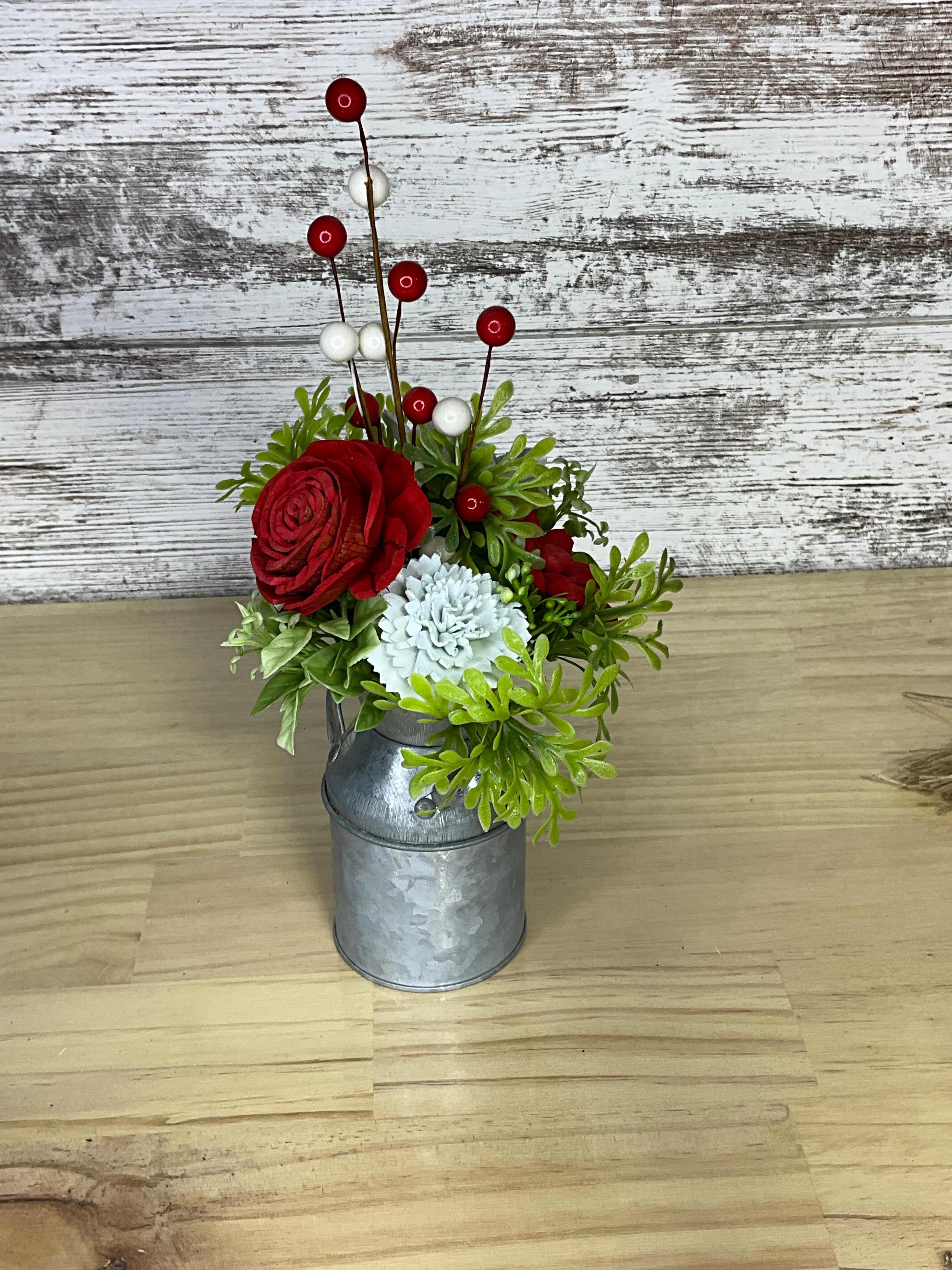 Christmas Red & Silver Sola Wood Flower Arrangement in Galvanized Milk Can