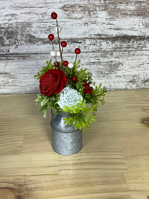 Christmas Red & Silver Sola Wood Flower Arrangement in Galvanized Milk Can