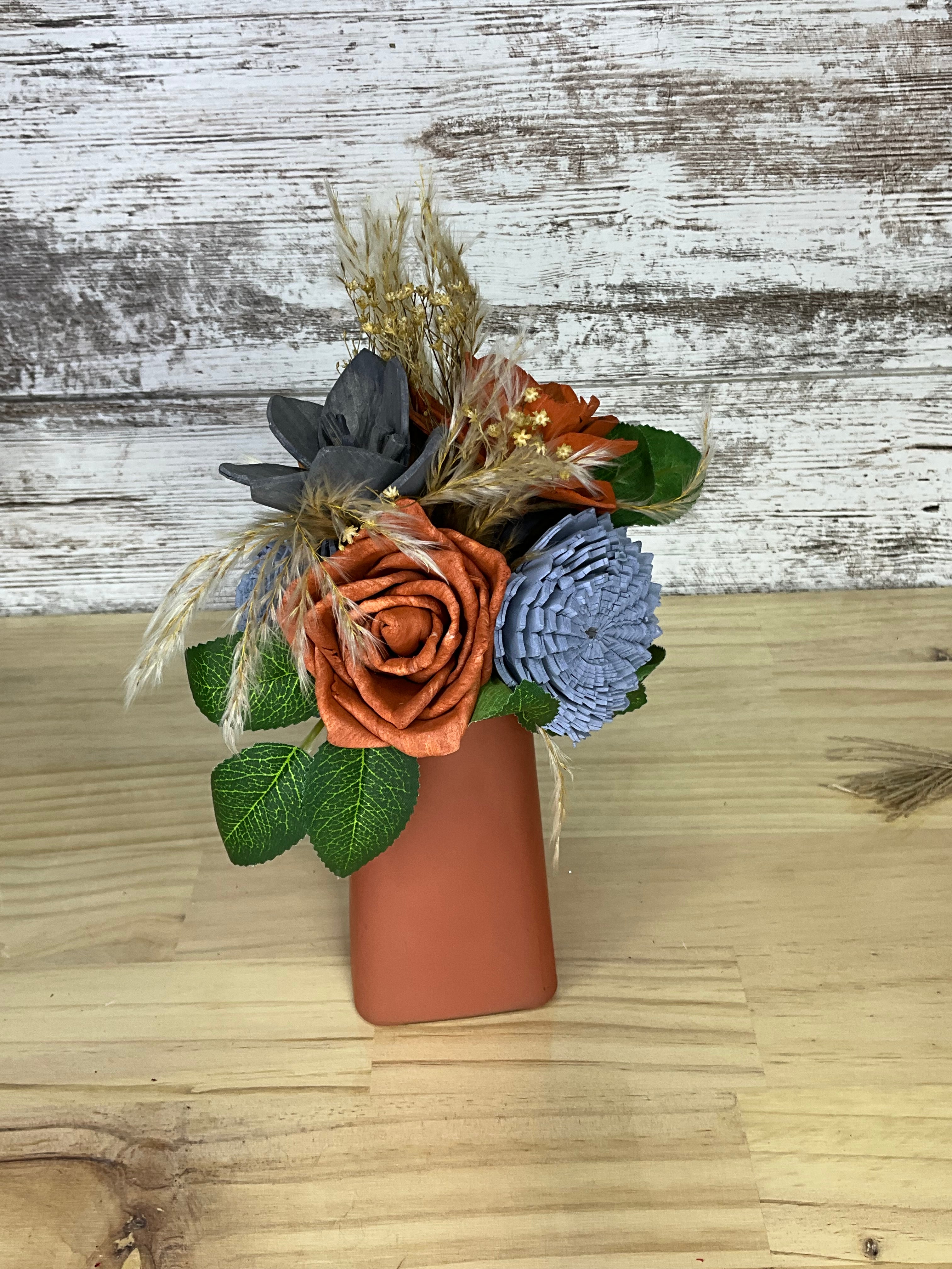 Terracotta & Slate Blue Sola Wood Bouquet with Geometric Terracotta Vase