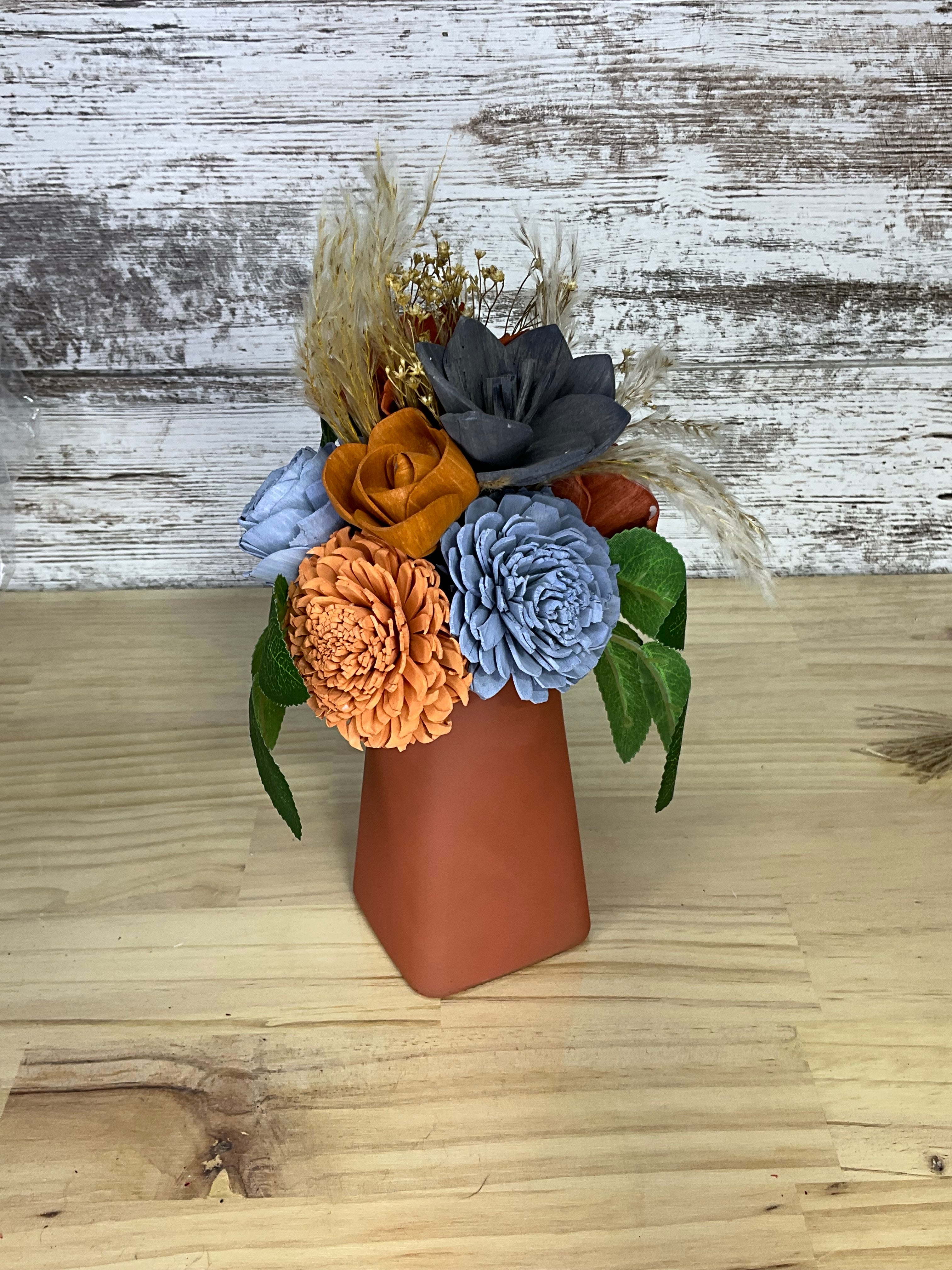 Terracotta & Slate Blue Sola Wood Bouquet with Geometric Terracotta Vase