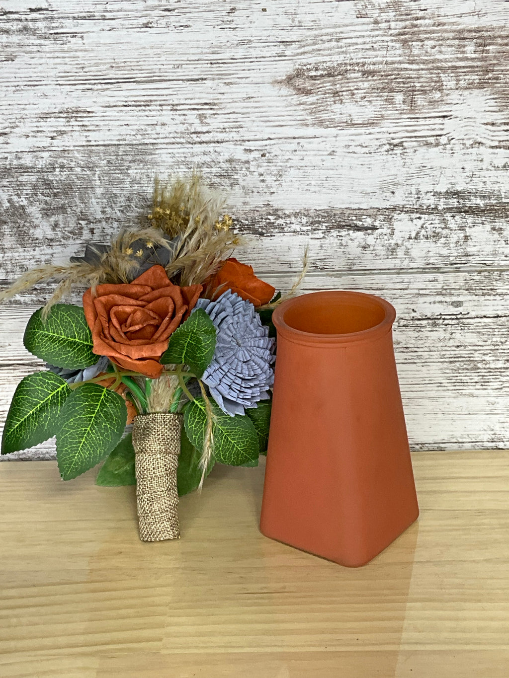 Terracotta & Slate Blue Sola Wood Bouquet with Geometric Terracotta Vase