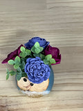 Periwinkle & Plum Sola Wood Flower Arrangement in Teal Ceramic Owl Pot