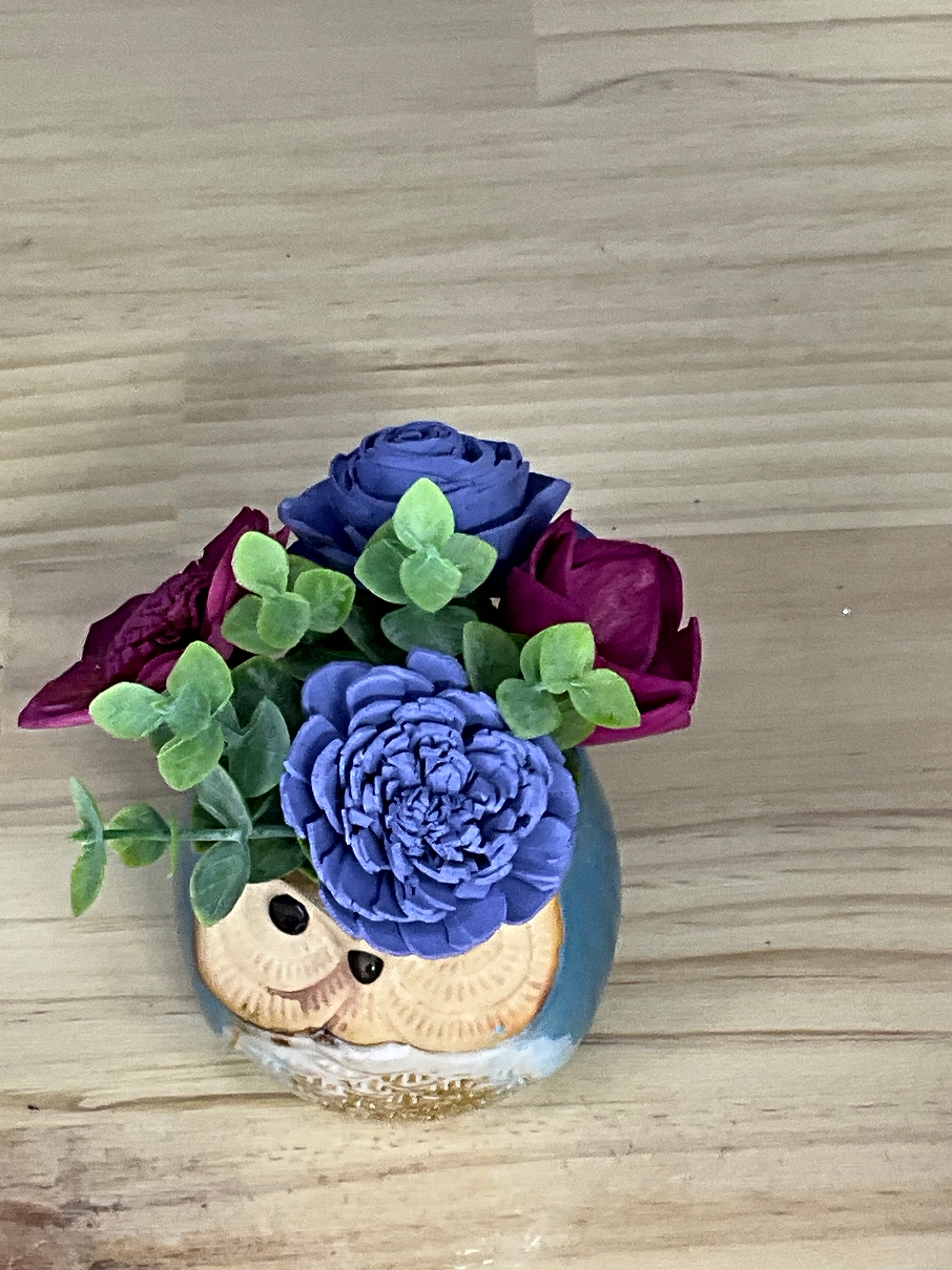 Periwinkle & Plum Sola Wood Flower Arrangement in Teal Ceramic Owl Pot