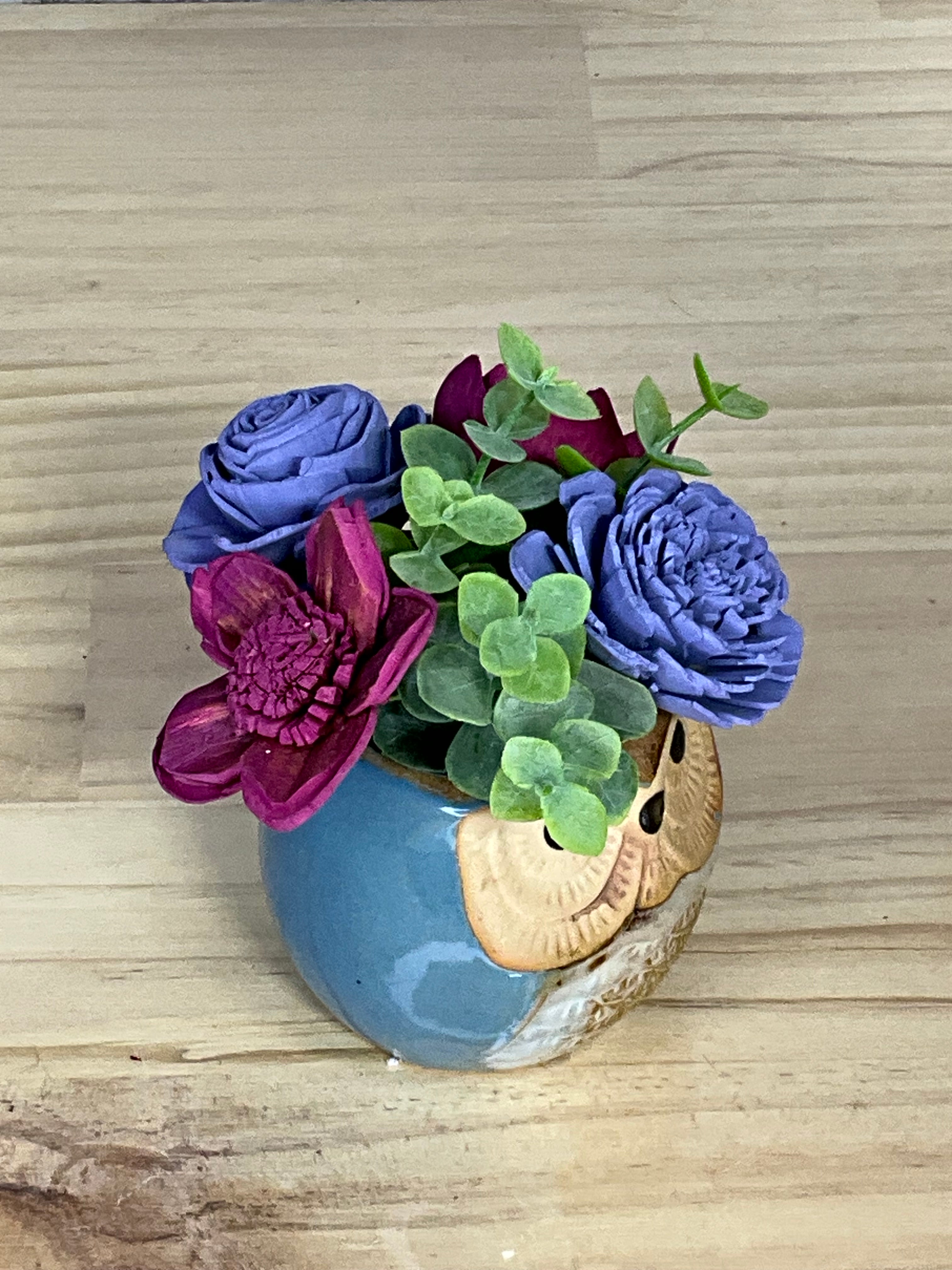 Periwinkle & Plum Sola Wood Flower Arrangement in Teal Ceramic Owl Pot