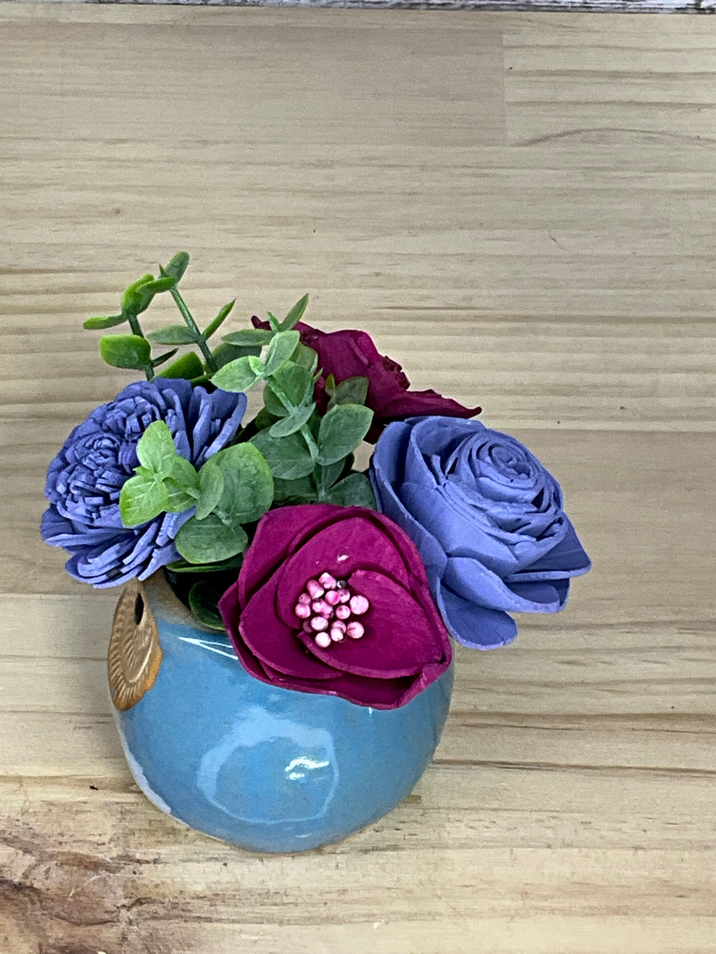 Periwinkle & Plum Sola Wood Flower Arrangement in Teal Ceramic Owl Pot