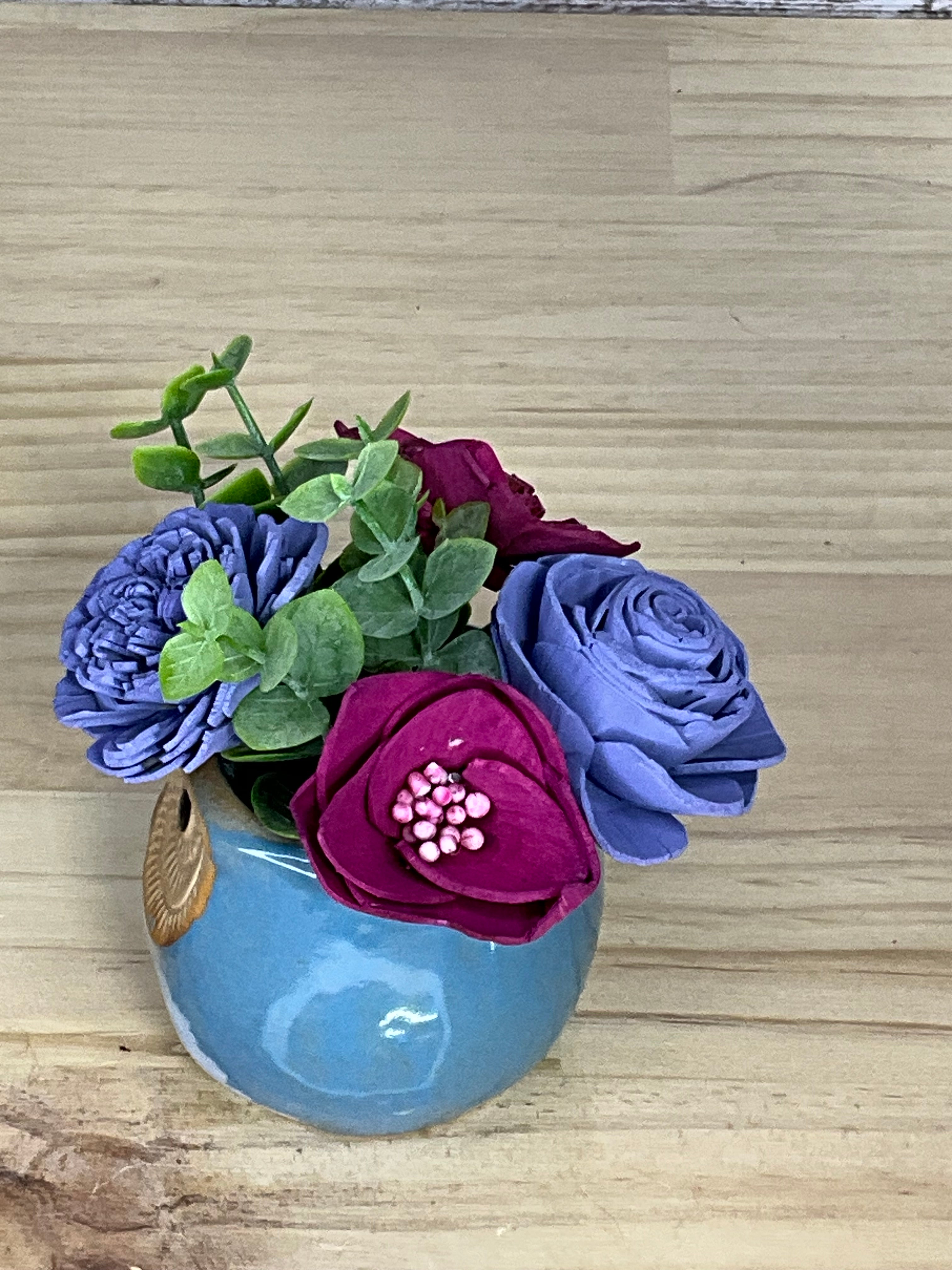Periwinkle & Plum Sola Wood Flower Arrangement in Teal Ceramic Owl Pot