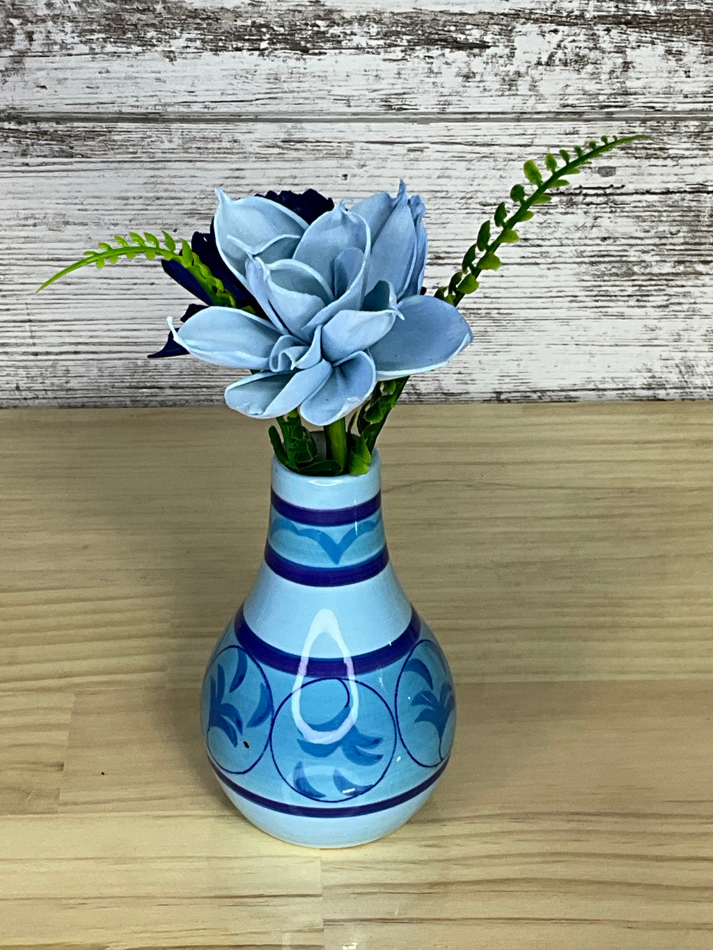 Navy & Powder Blue Sola Wood Flower Arrangement in Hand-Painted Ceramic Vase