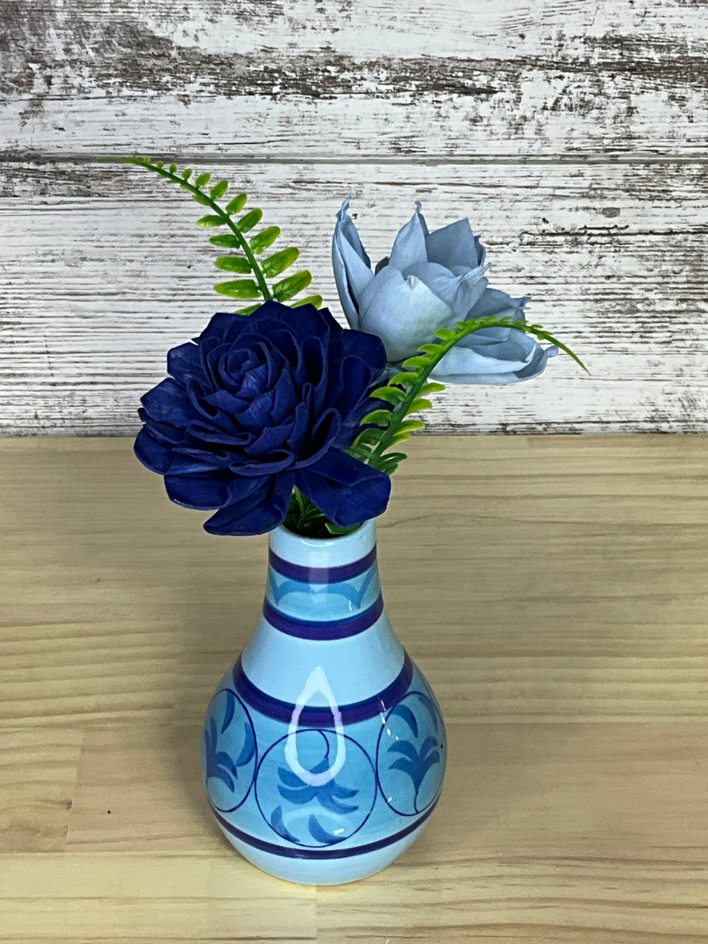 Navy & Powder Blue Sola Wood Flower Arrangement in Hand-Painted Ceramic Vase