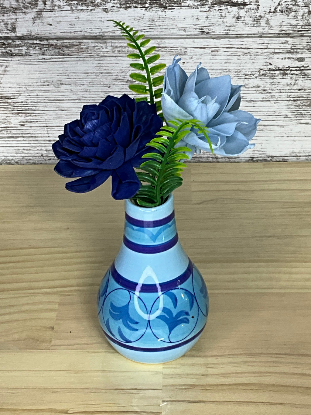 Navy & Powder Blue Sola Wood Flower Arrangement in Hand-Painted Ceramic Vase