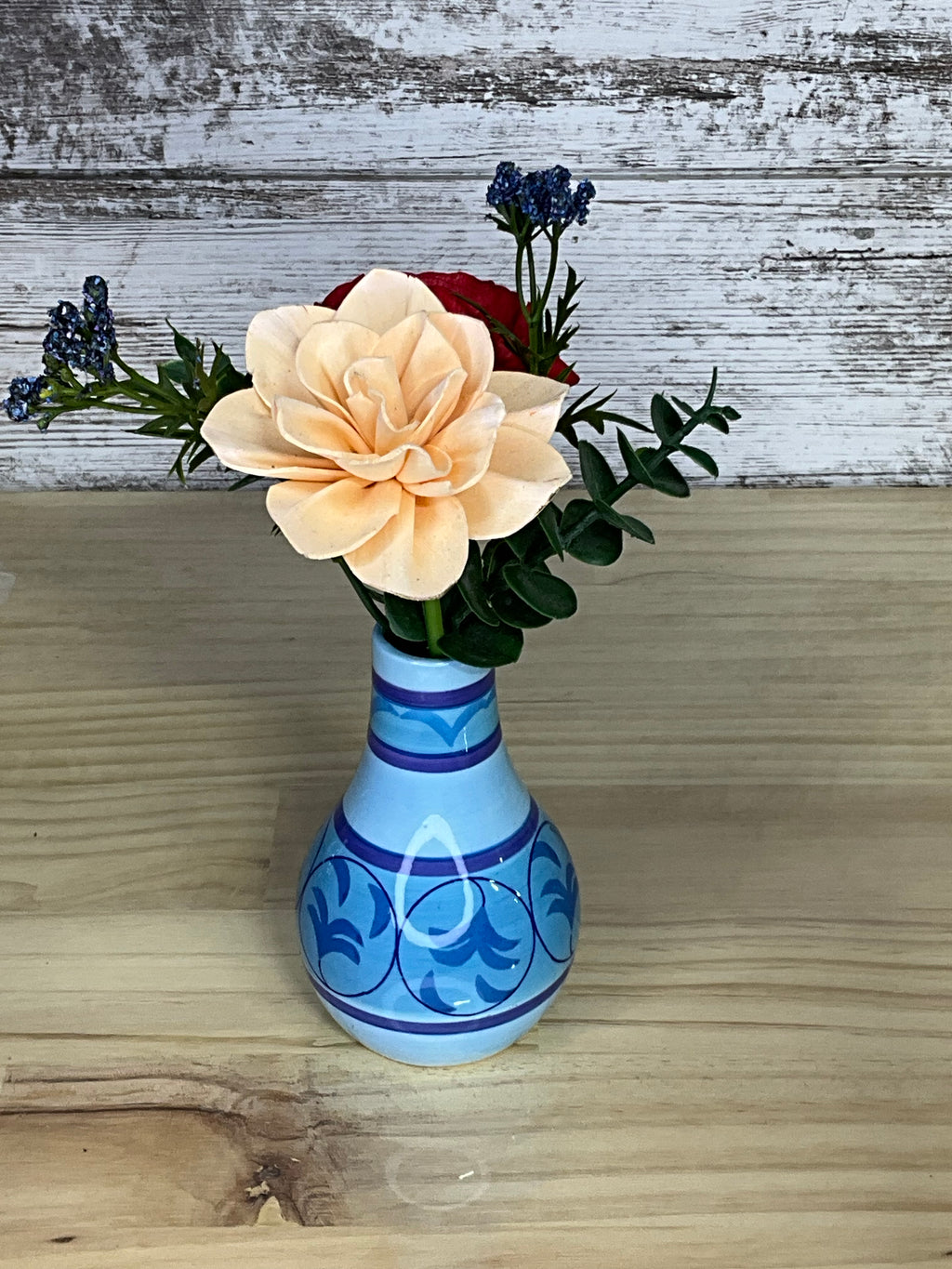Red Rose & Peach Dahlia Sola Wood Flower Arrangement in Hand-Painted Ceramic Vase