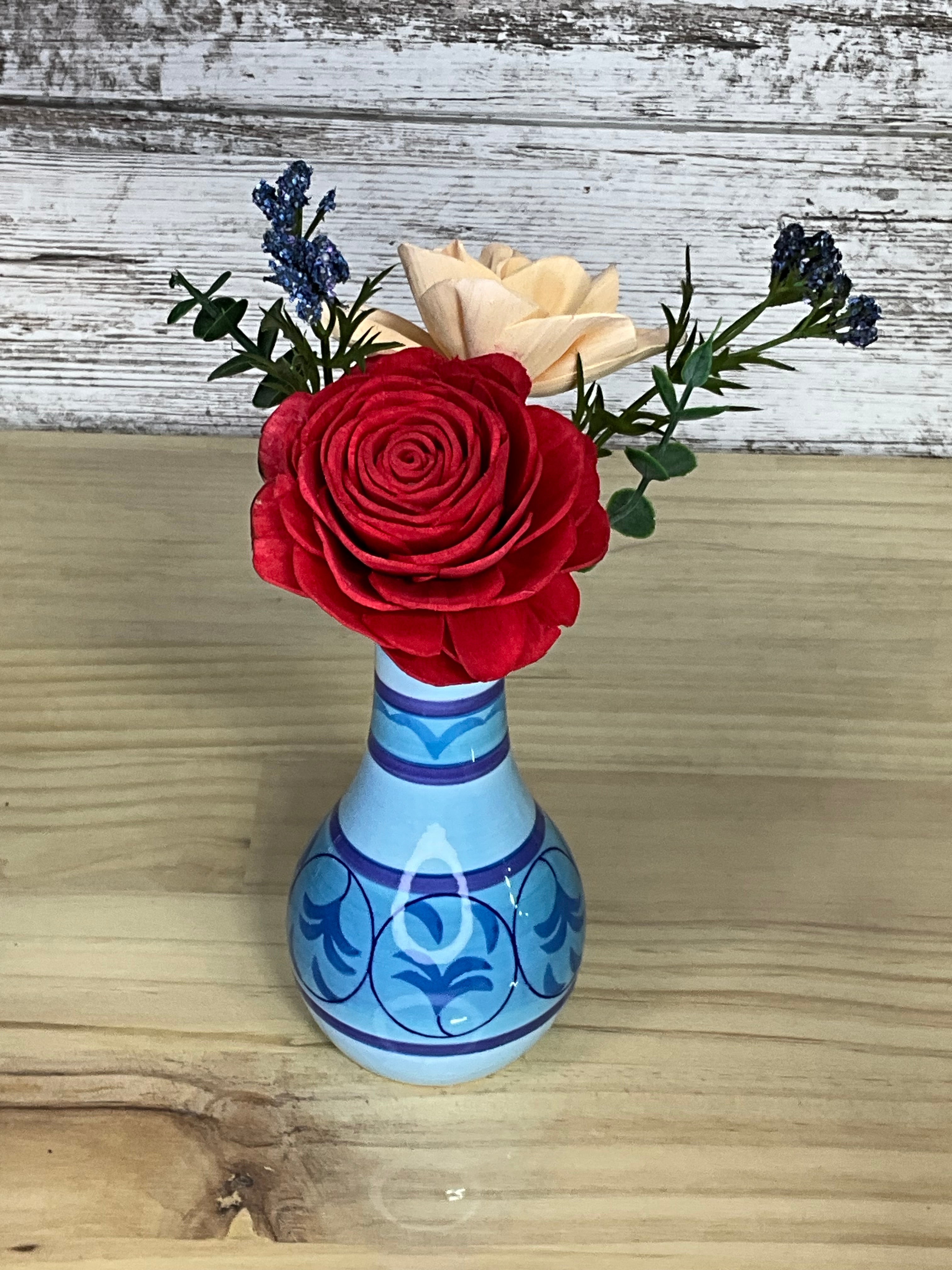 Red Rose & Peach Dahlia Sola Wood Flower Arrangement in Hand-Painted Ceramic Vase