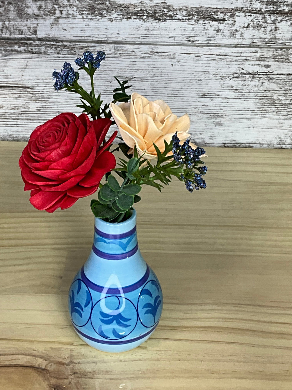Red Rose & Peach Dahlia Sola Wood Flower Arrangement in Hand-Painted Ceramic Vase