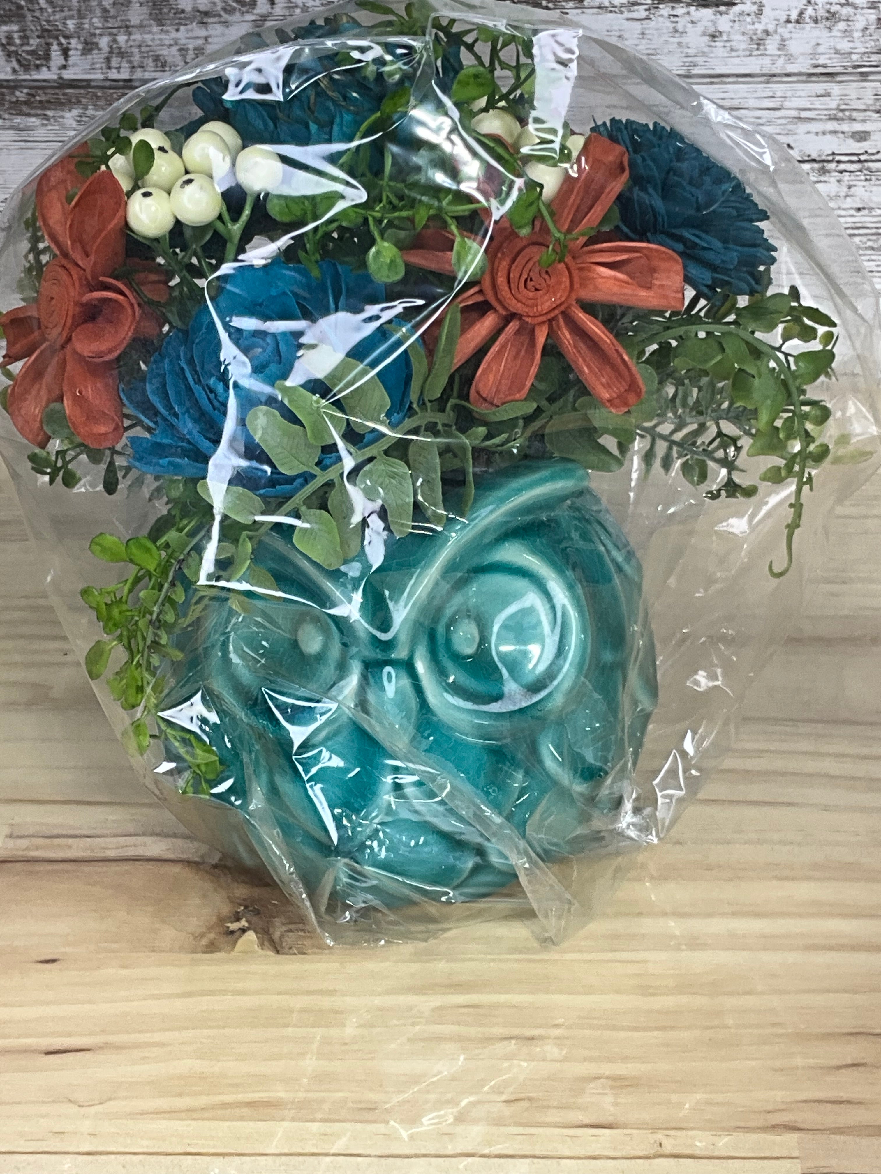 Gift-Ready Sola Wood Flower Arrangement in Teal Ceramic Owl Pot