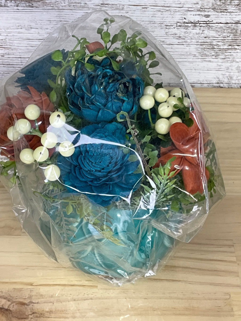 Gift-Ready Sola Wood Flower Arrangement in Teal Ceramic Owl Pot
