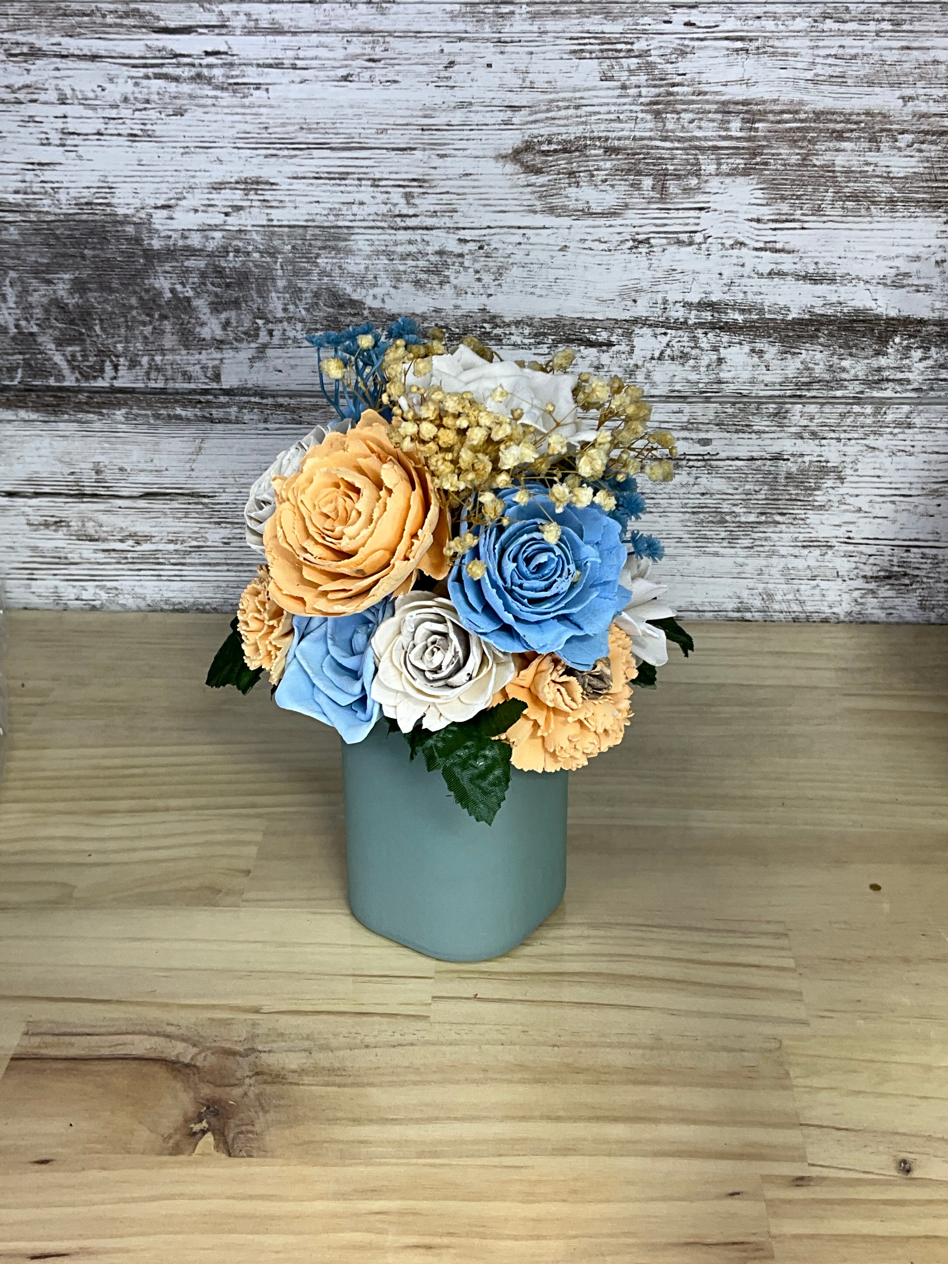 Coastal Sunrise Sola Wood Flower Arrangement in Sage Blue Vase