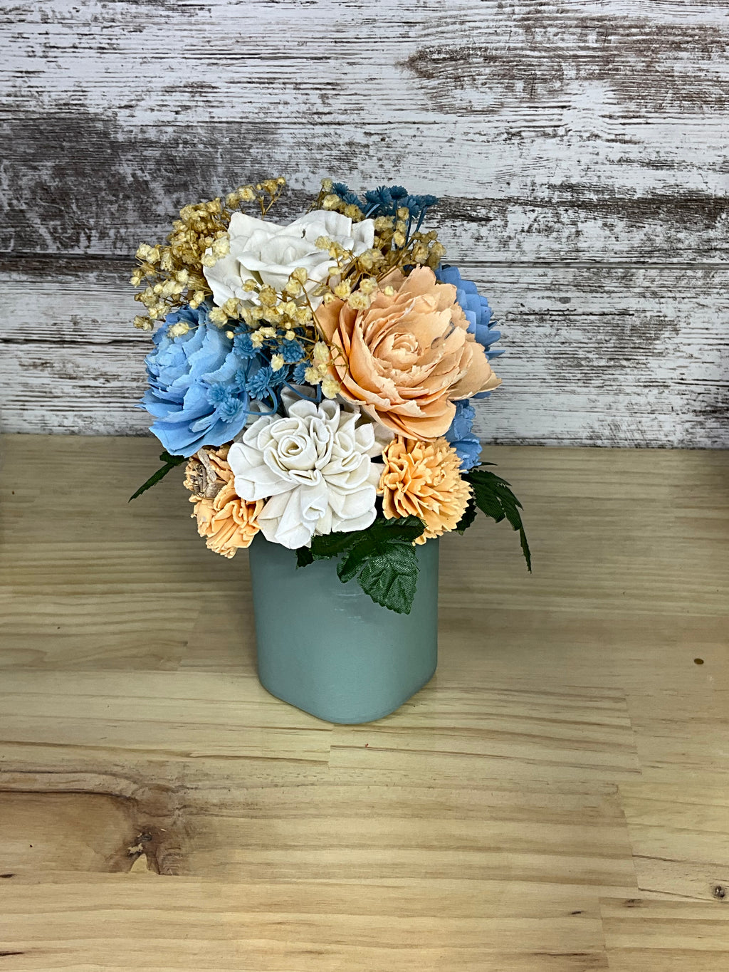 Coastal Sunrise Sola Wood Flower Arrangement in Sage Blue Vase