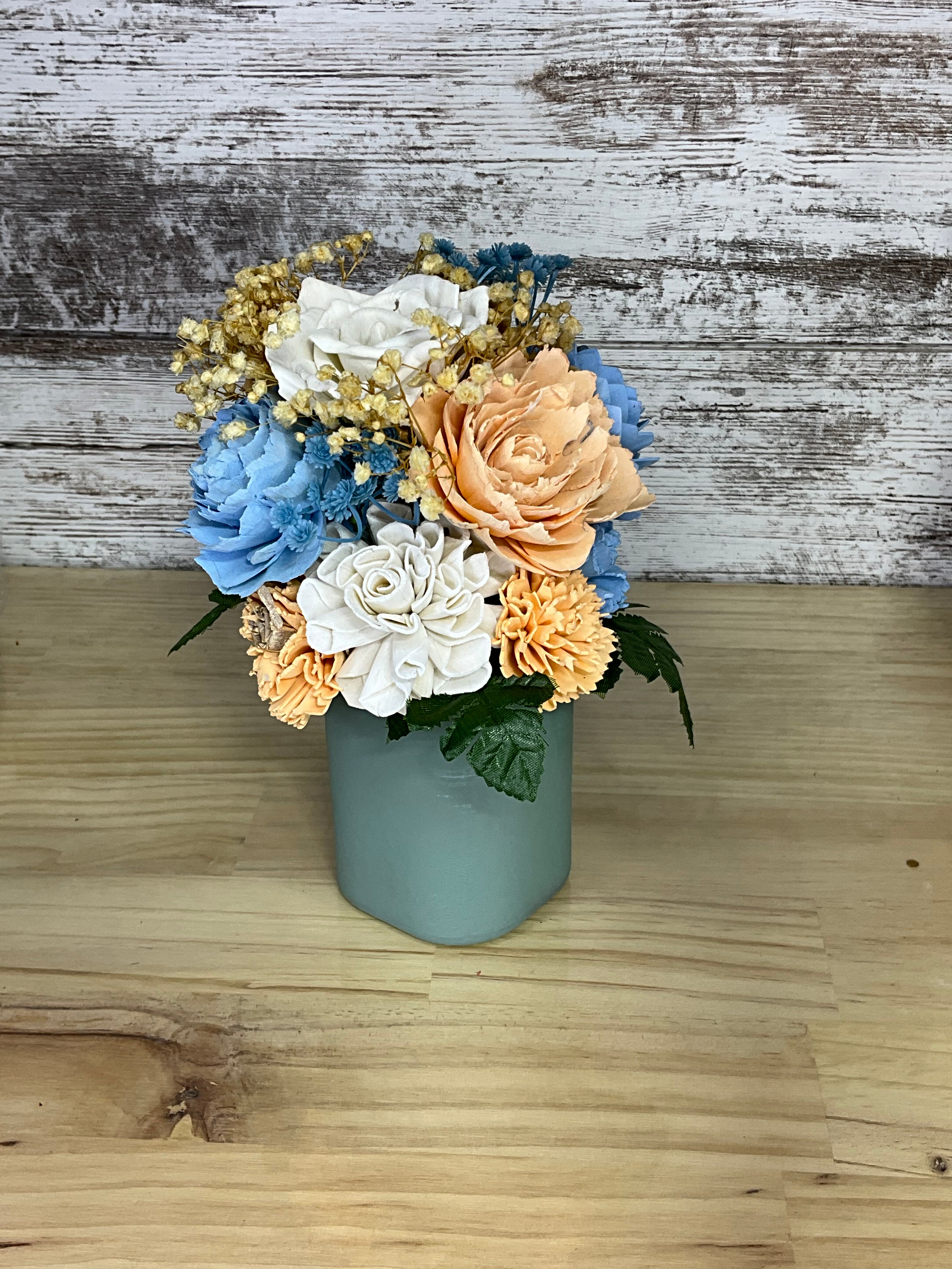 Coastal Sunrise Sola Wood Flower Arrangement in Sage Blue Vase