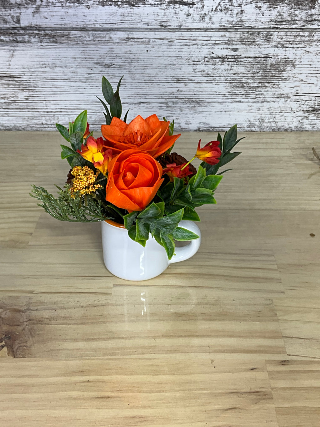 Autumn Harvest Sola Wood Flower Arrangement in White Mug