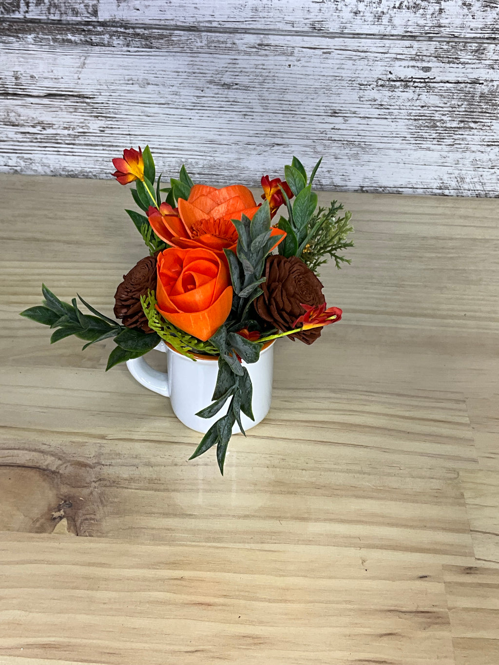Autumn Harvest Sola Wood Flower Arrangement in White Mug